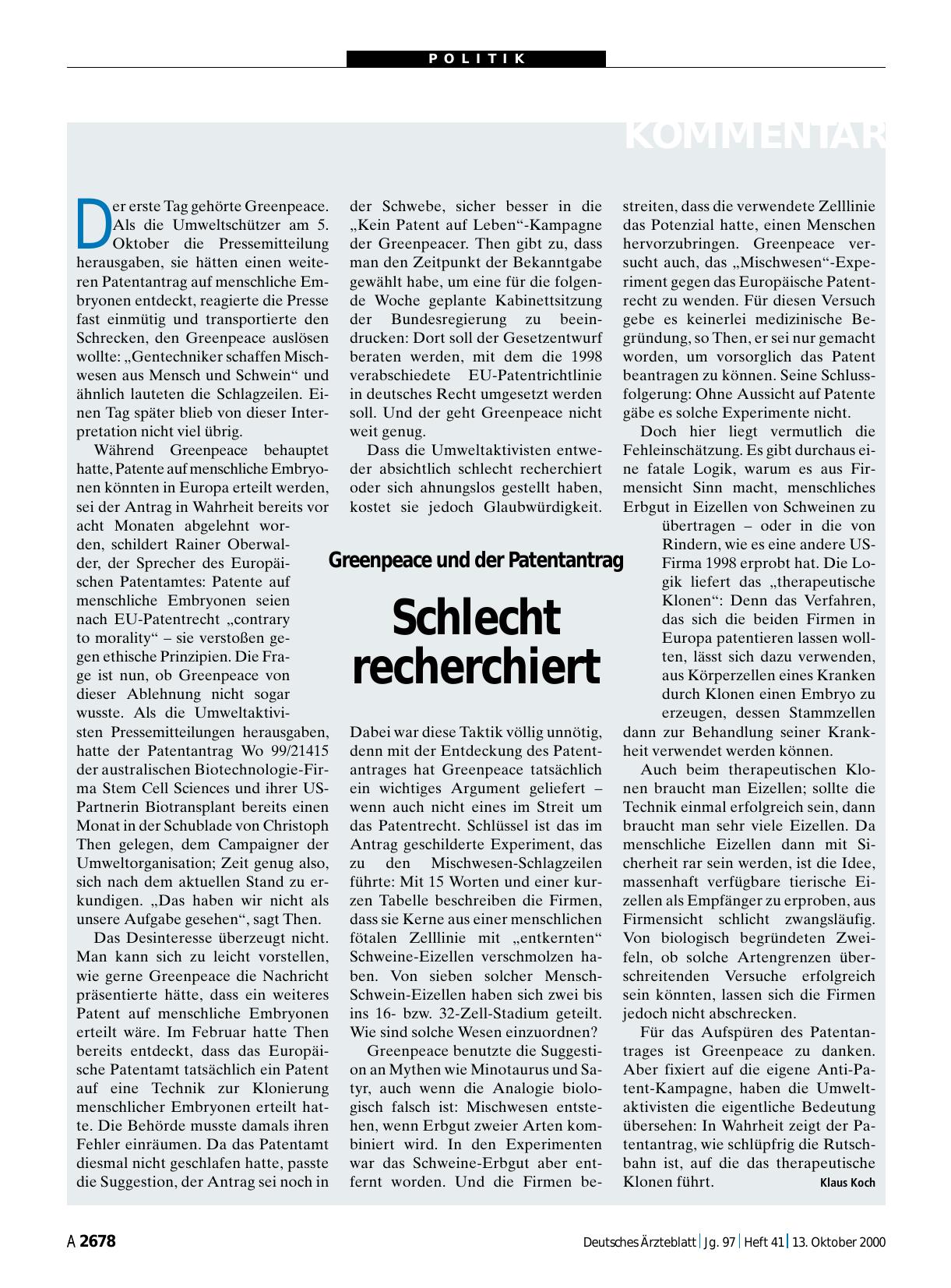 Vorschauseite 1: Greenpeace und der Patentantrag: Schlecht recherchiert