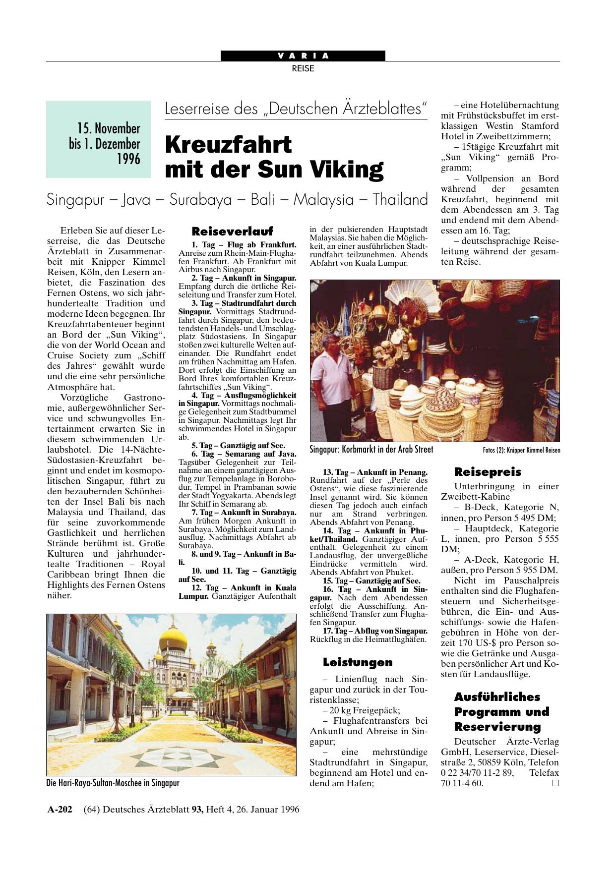 Vorschauseite 1: Leserreise des „Deutschen Ärzteblattes“: Kreuzfahrt mit der Sun Viking 15. November bis 1. Dezember 1996 Singapur – Java – Surabaya – Bali – Malaysia – Thailand