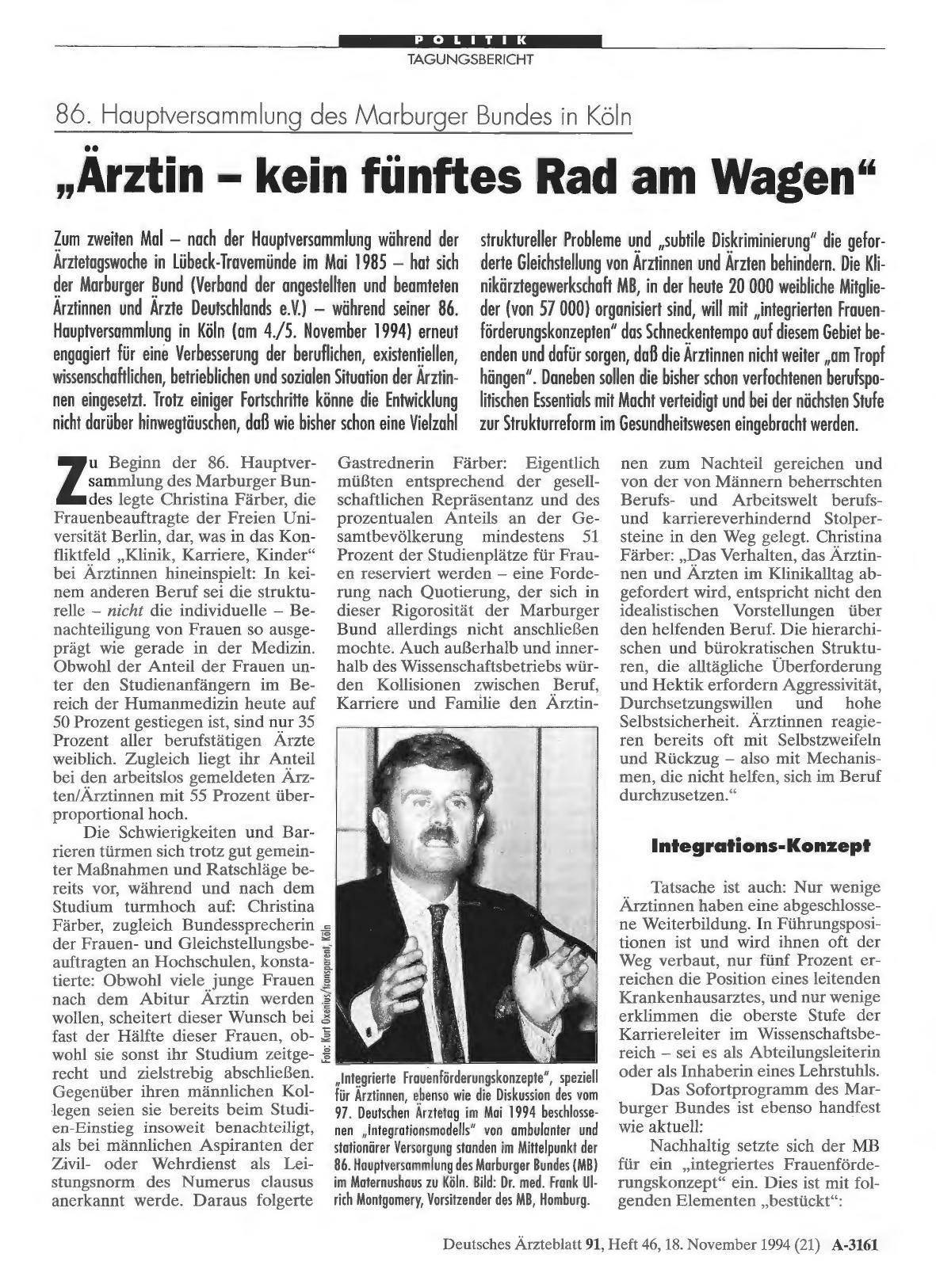 Vorschauseite 1: 86. Hauptversammlung des Marburger Bundes in Köln: „Arztin - kein fünftes Rad am Wagen“