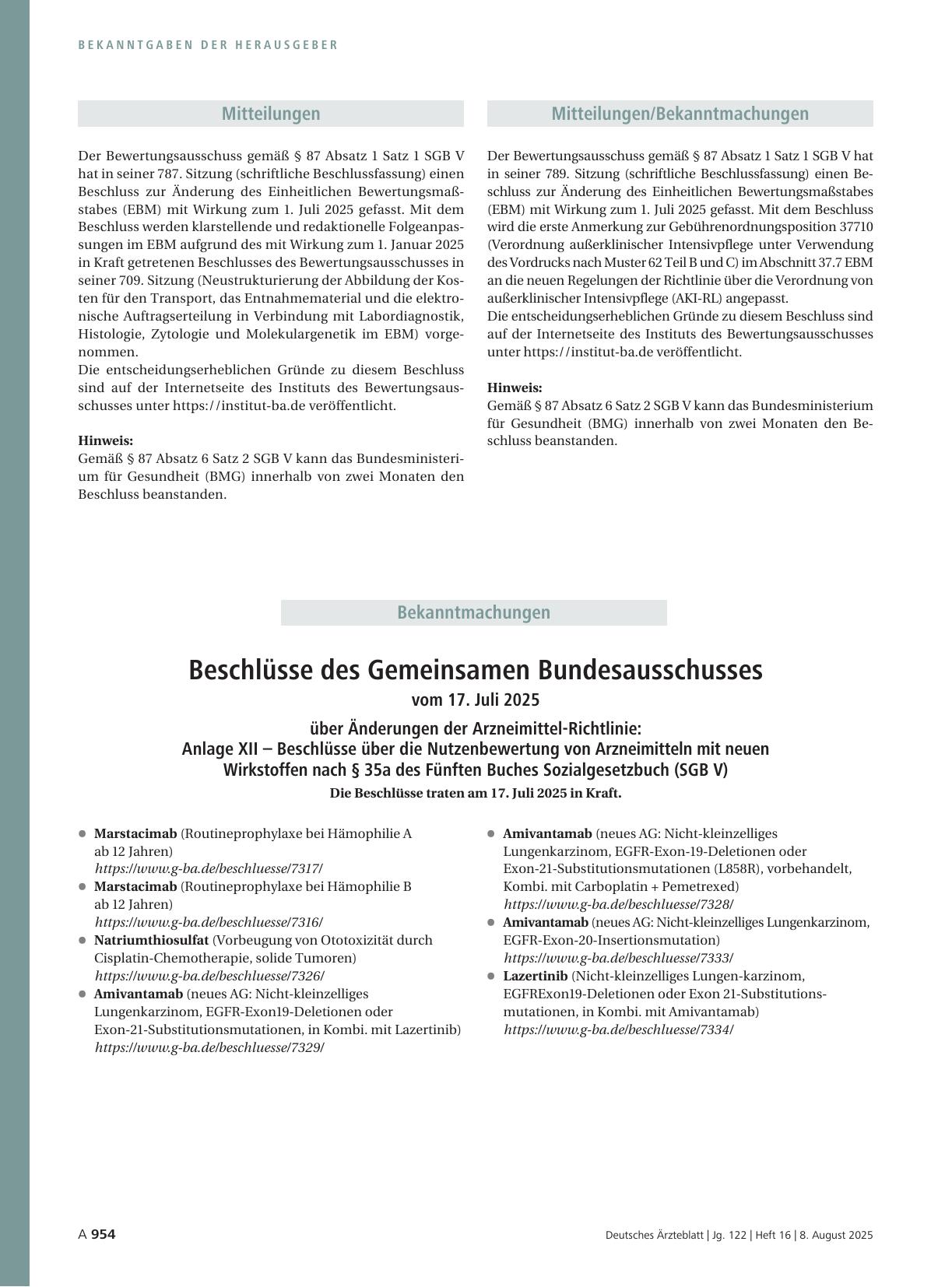 Vorschauseite 1: Beschlüsse des Gemeinsamen Bundesausschusses vom 17. Juli 2025 über Änderungen der Arzneimittel-Richtlinie: Anlage XII – Beschlüsse über die Nutzenbewertung von Arzneimitteln mit…
