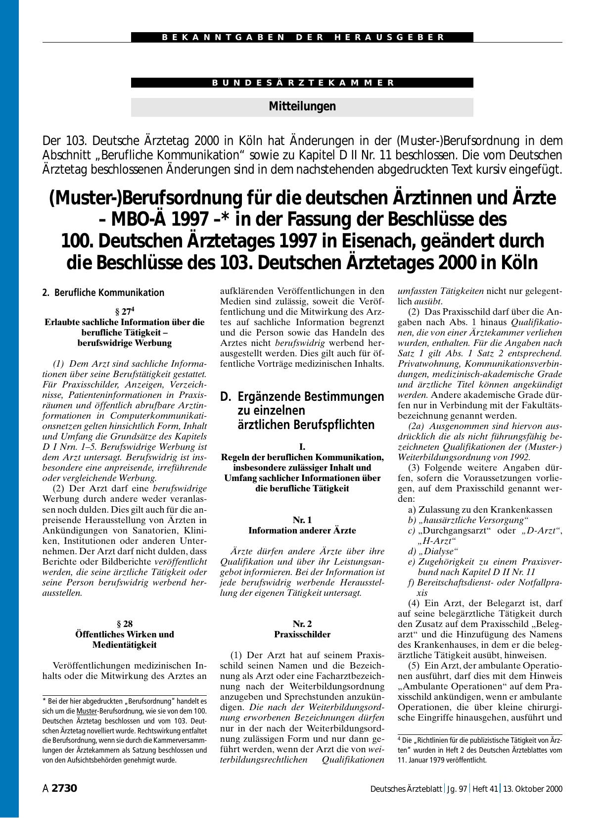 Vorschauseite 1: Mitteilungen: (Muster-)Berufsordnung für die deutschen Ärztinnen und Ärzte – MBO-Ä 1997 – * in der Fassung der Beschlüsse des 100. Deutschen Ärztetages 1997 in Eisenach, geändert…