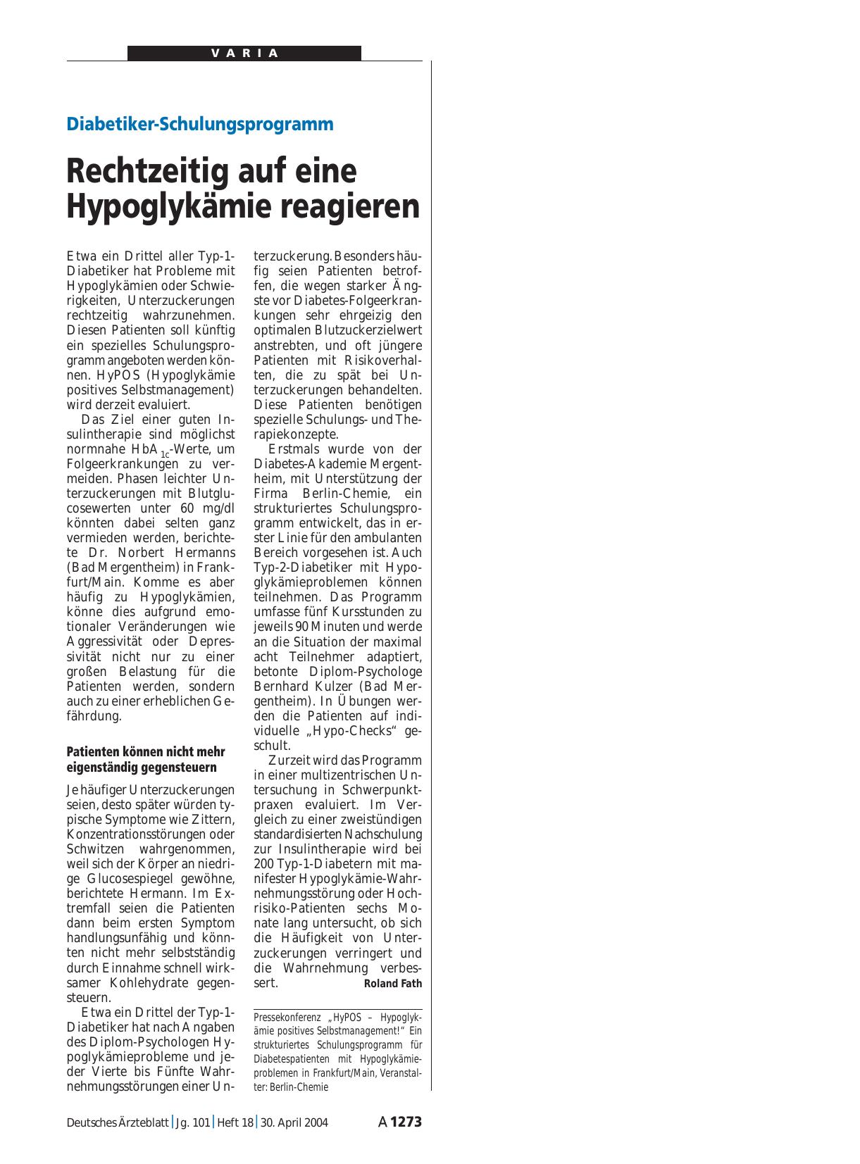 Vorschauseite 1: Diabetiker-Schulungsprogramm: Rechtzeitig auf eine Hypoglykämie reagieren