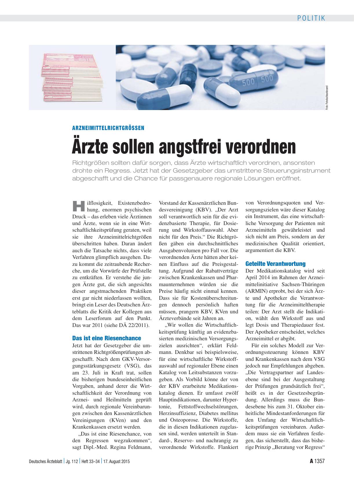 Vorschauseite 1: Arzneimittelrichtgrössen: Ärzte sollen angstfrei verordnen