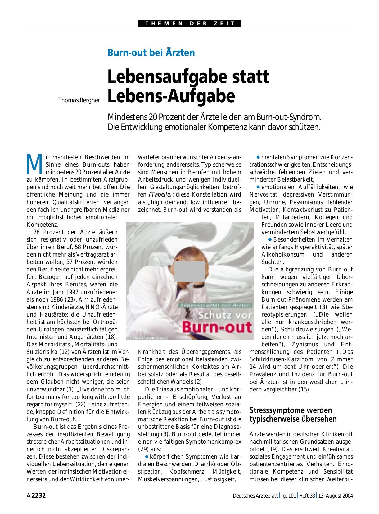 Vorschauseite 1: Burn-out bei Ärzten: Lebensaufgabe statt Lebens-Aufgabe