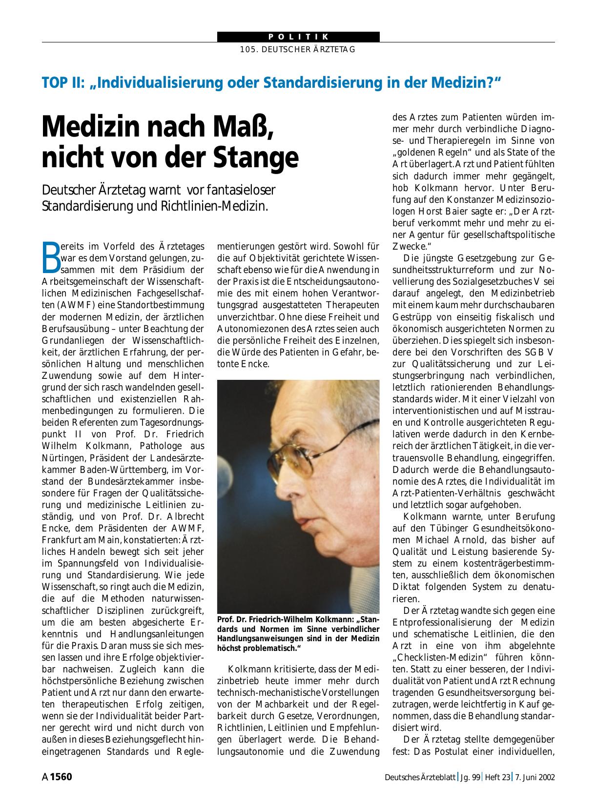 Vorschauseite 1: TOP II - „Individualisierung oder Standardisierung in der Medizin? “: Medizin nach Maß, nicht von der Stange