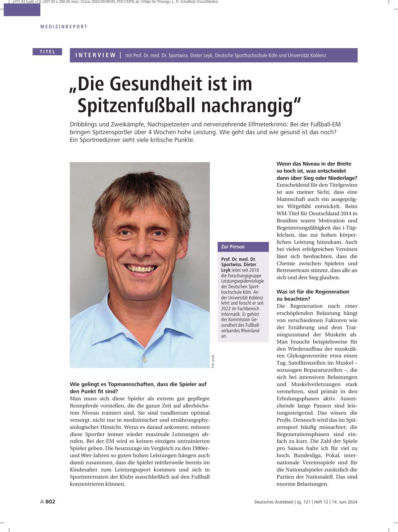 Vorschauseite 1: „Die Gesundheit ist im Spitzenfußball nachrangig“: Interview mit Prof. Dr. med. Dr. Sportwiss. Dieter Leyk, Deutsche Sporthochschule Köln und Universität Koblenz