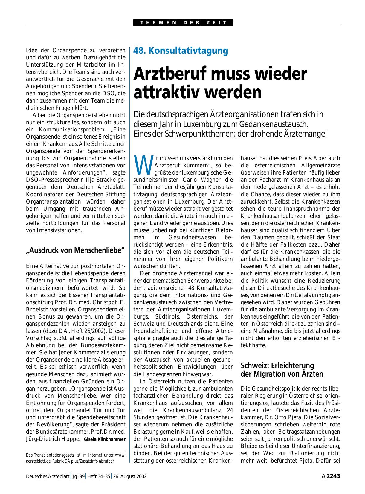Vorschauseite 1: 48. Konsultativtagung: Arztberuf muss wieder attraktiv werden