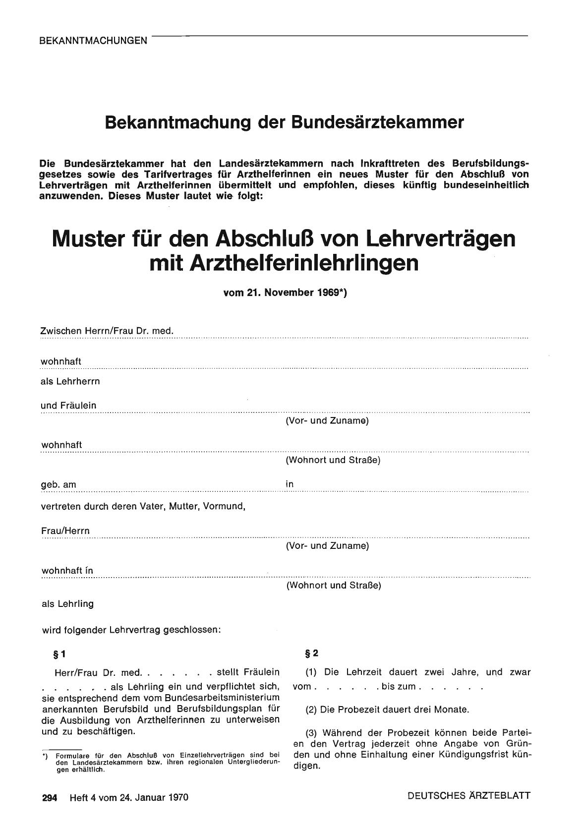 Vorschauseite 1: Bekanntmachung der Bundesärztekammer: Muster für den Abschluß von Lehrverträgen mit Arzthelferinlehrlingen