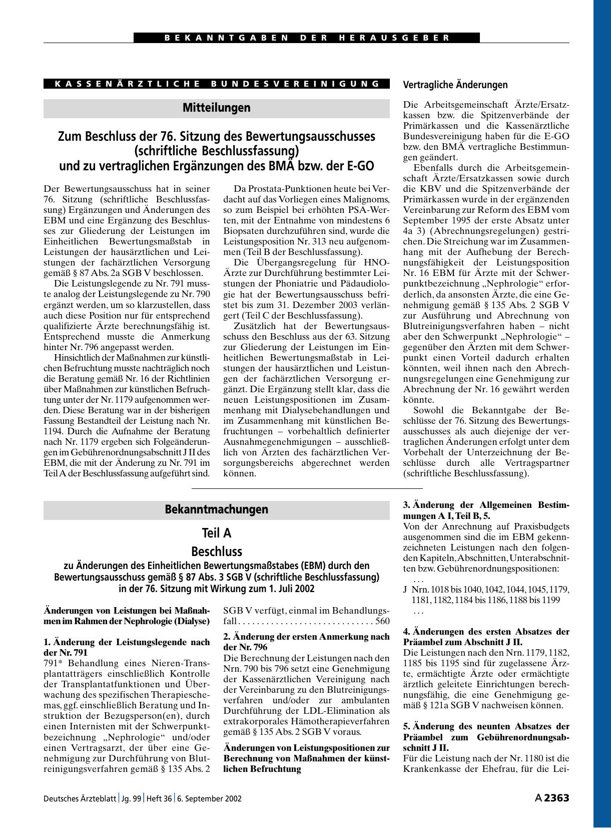 Vorschauseite 1: Mitteilungen: Zum Beschluss der 76. Sitzung des Bewertungsausschusses (schriftliche Beschlussfassung) und zu vertraglichen Ergänzungen des BMÄ bzw. der E-GO