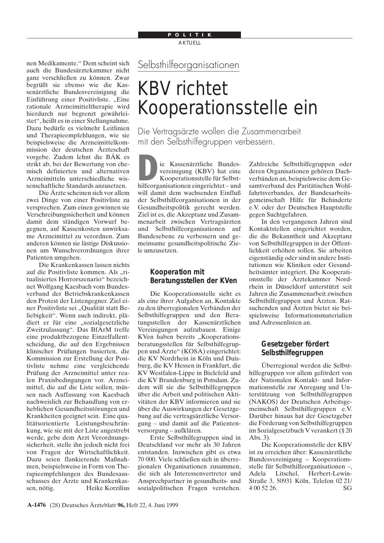 Vorschauseite 1: Selbsthilfeorganisationen: KBV richtet Kooperationsstelle ein