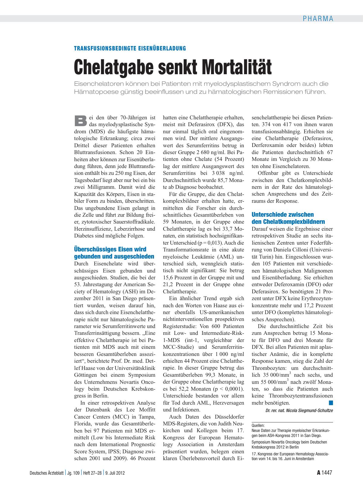 Vorschauseite 1: Transfusionsbedingte Eisenüberladung: Chelatgabe senkt Mortalität
