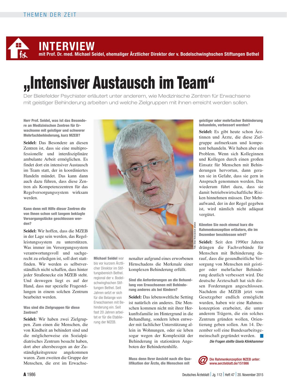 Vorschauseite 1: Interview mit Prof. Dr. med. Michael Seidel, ehemaliger Ärztlicher Direktor der v. Bodelschwinghschen Stiftungen Bethel: „Intensiver Austausch im Team“