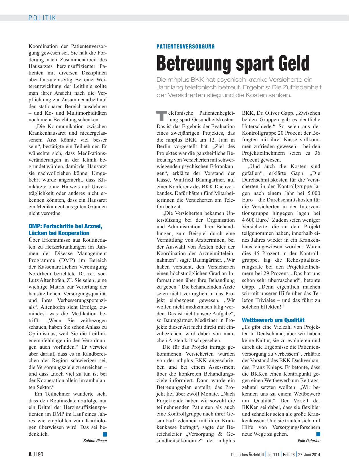 Vorschauseite 1: Patientenversorgung: Betreuung spart Geld