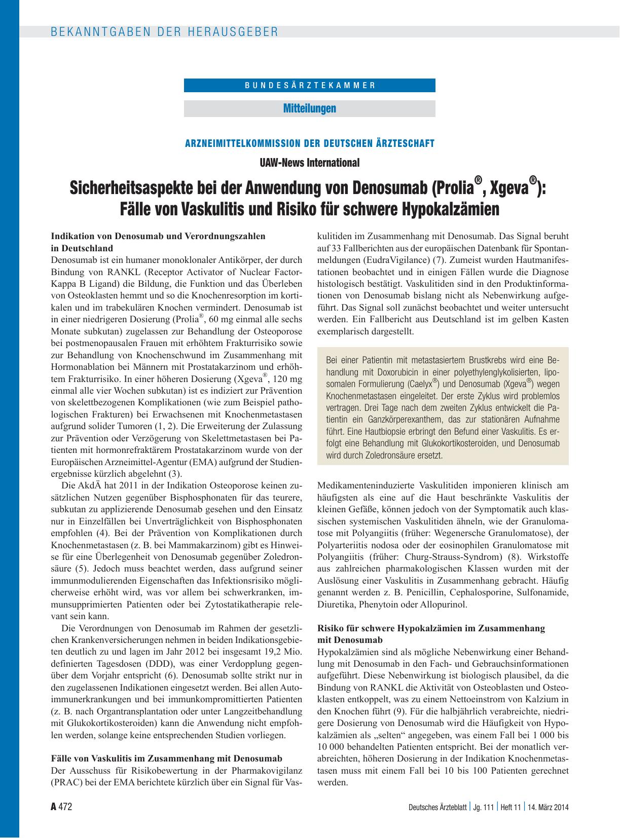 Vorschauseite 1: Arzneimittelkommission der Deutschen Ärzteschaft: UAW-News International Sicherheitsaspekte bei der Anwendung von Denosumab (Prolia ®, Xgeva ® ): Fälle von Vaskulitis und Risiko f…
