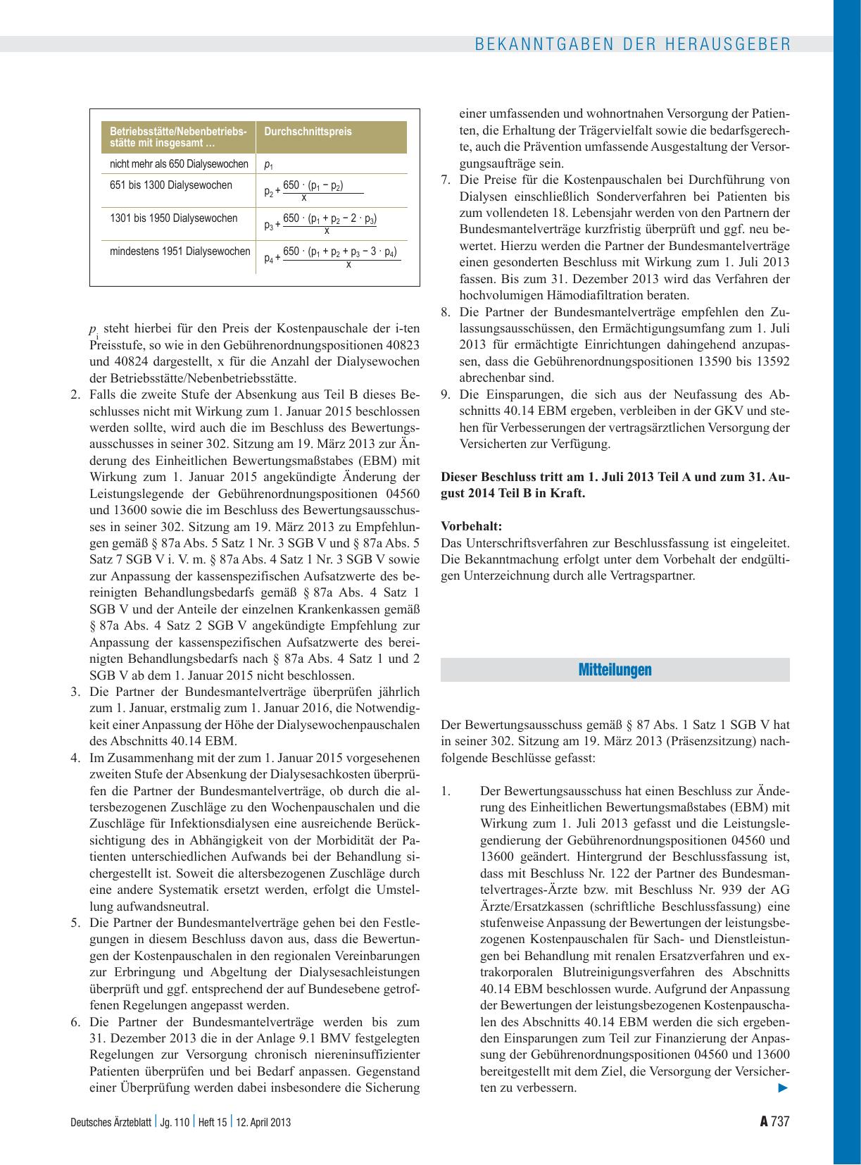 Vorschauseite 1: Beschluss des Bewertungsausschusses nach § 87 Abs. 1 Satz 1 SGB V in seiner 302. Sitzung am 19. März 2013 zur Änderung des Einheitlichen Bewertungsmaßstabes (EBM)