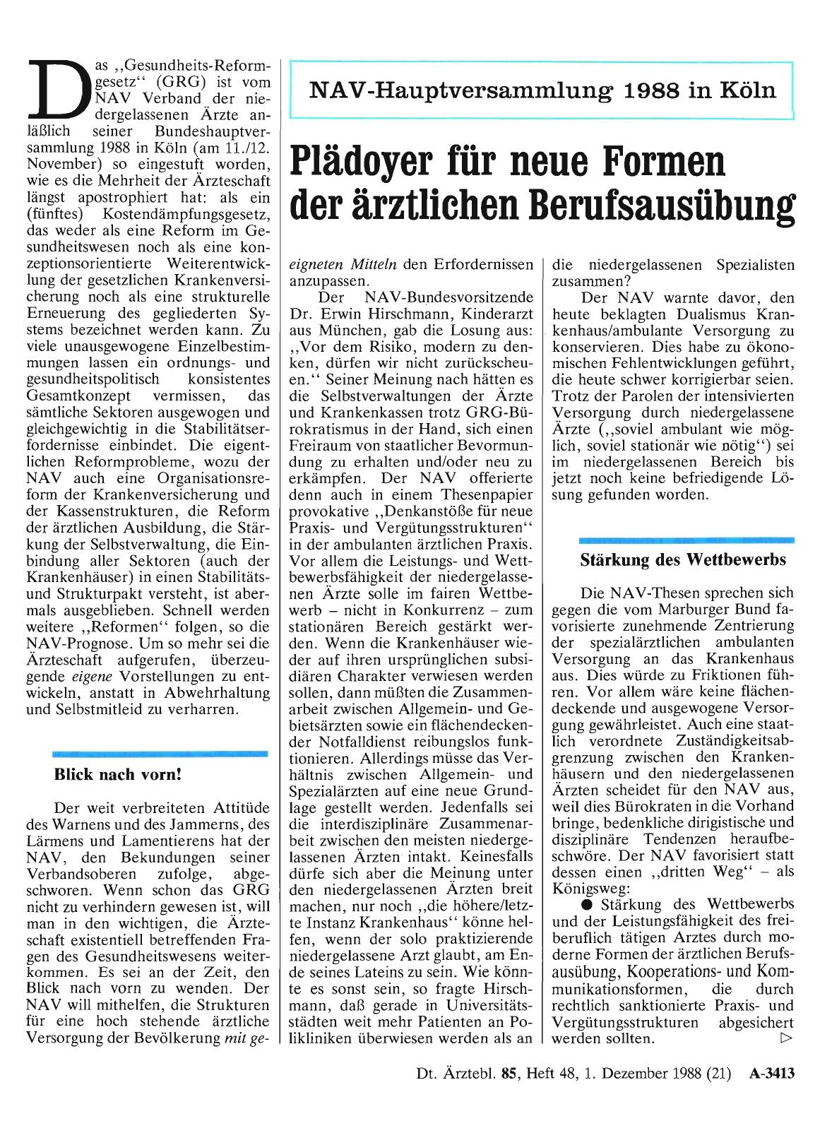 Vorschauseite 1: NAV-Hauptversammlung 1988 in Köln: Plädoyer für neue Formen der ärztlichen Berufsausübung