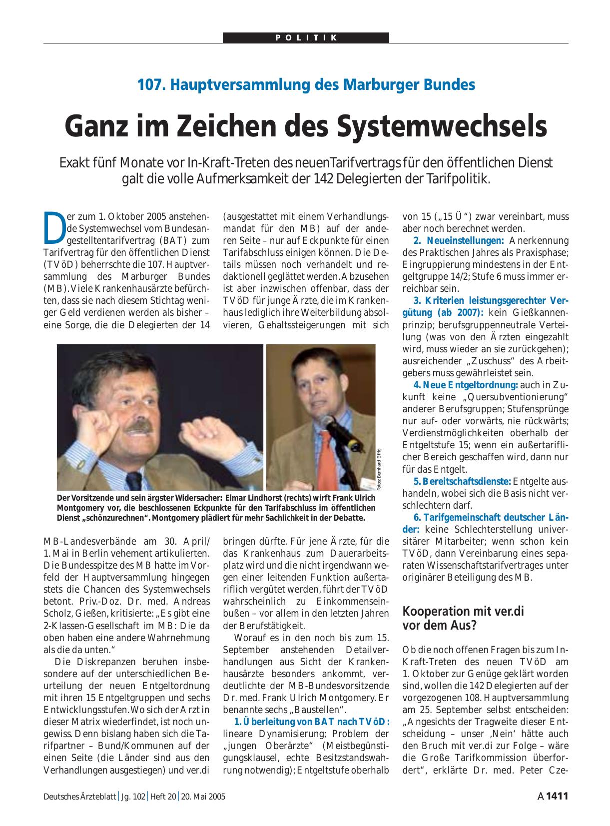 Vorschauseite 1: 107. Hauptversammlung des Marburger Bundes: Ganz im Zeichen des Systemwechsels