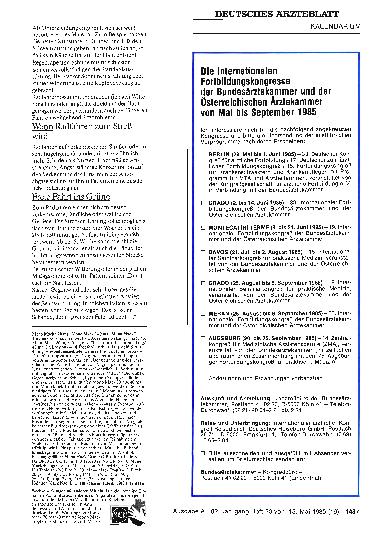 Vorschauseite 1: Die Internationalen Fortbildungskongresse der Bundesärztekammer und der Österreichischen Ärztekammer von Mai bis September 1985