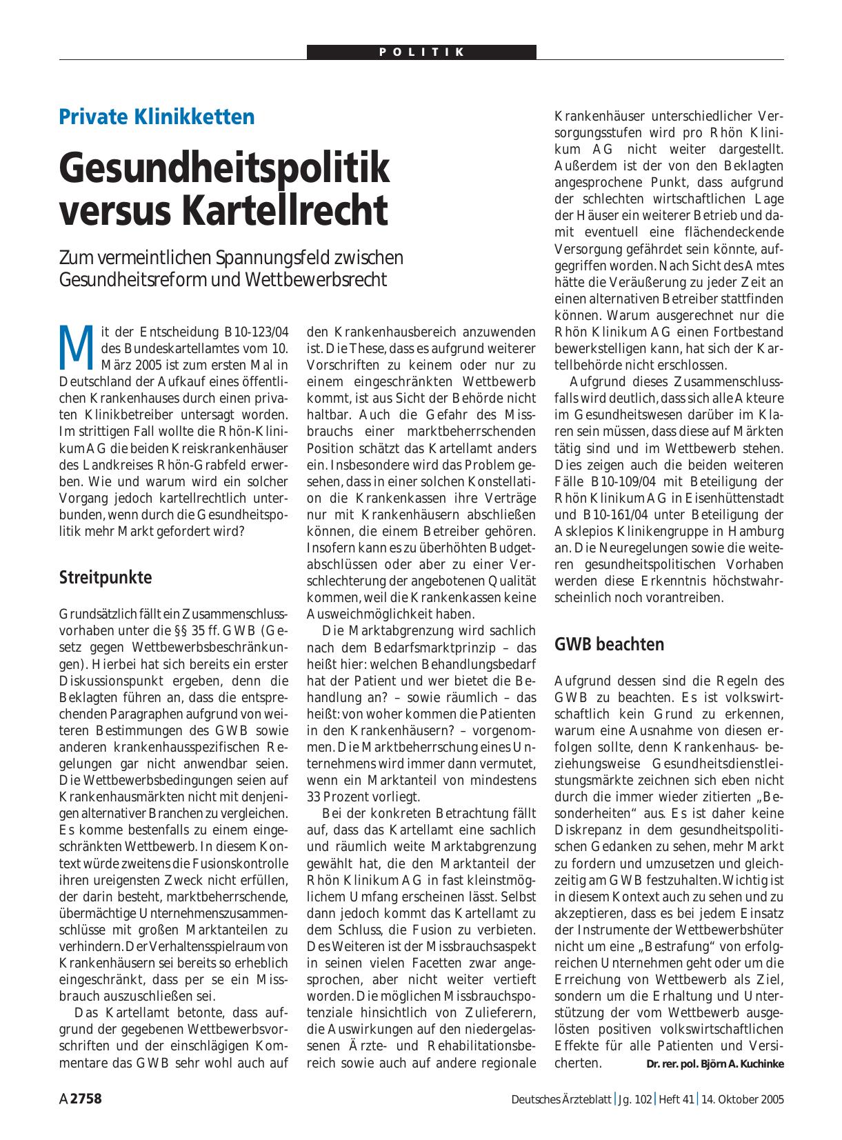 Vorschauseite 1: Private Klinikketten: Gesundheitspolitik versus Kartellrecht