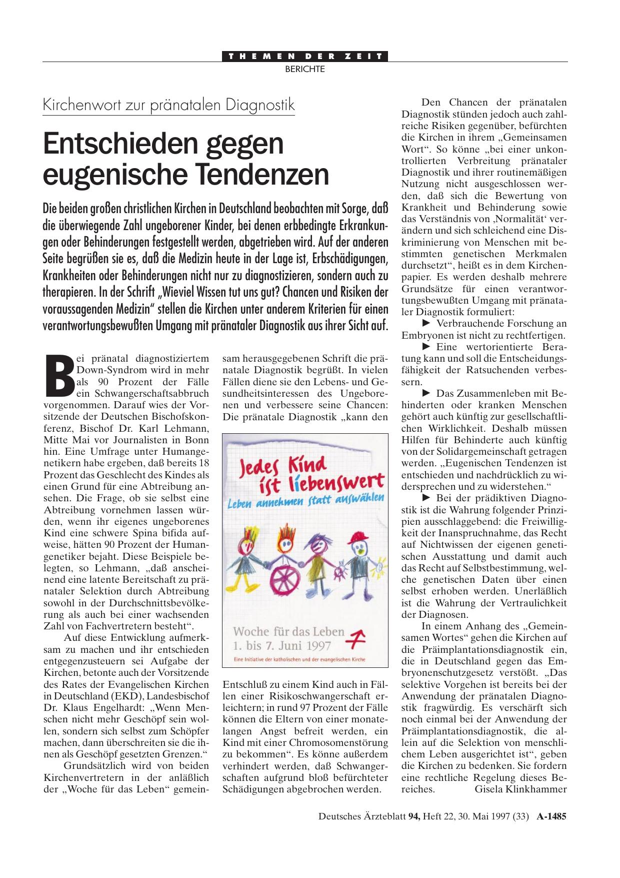 Vorschauseite 1: Kirchenwort zur pränatalen Diagnostik: Entschieden gegen eugenische Tendenzen