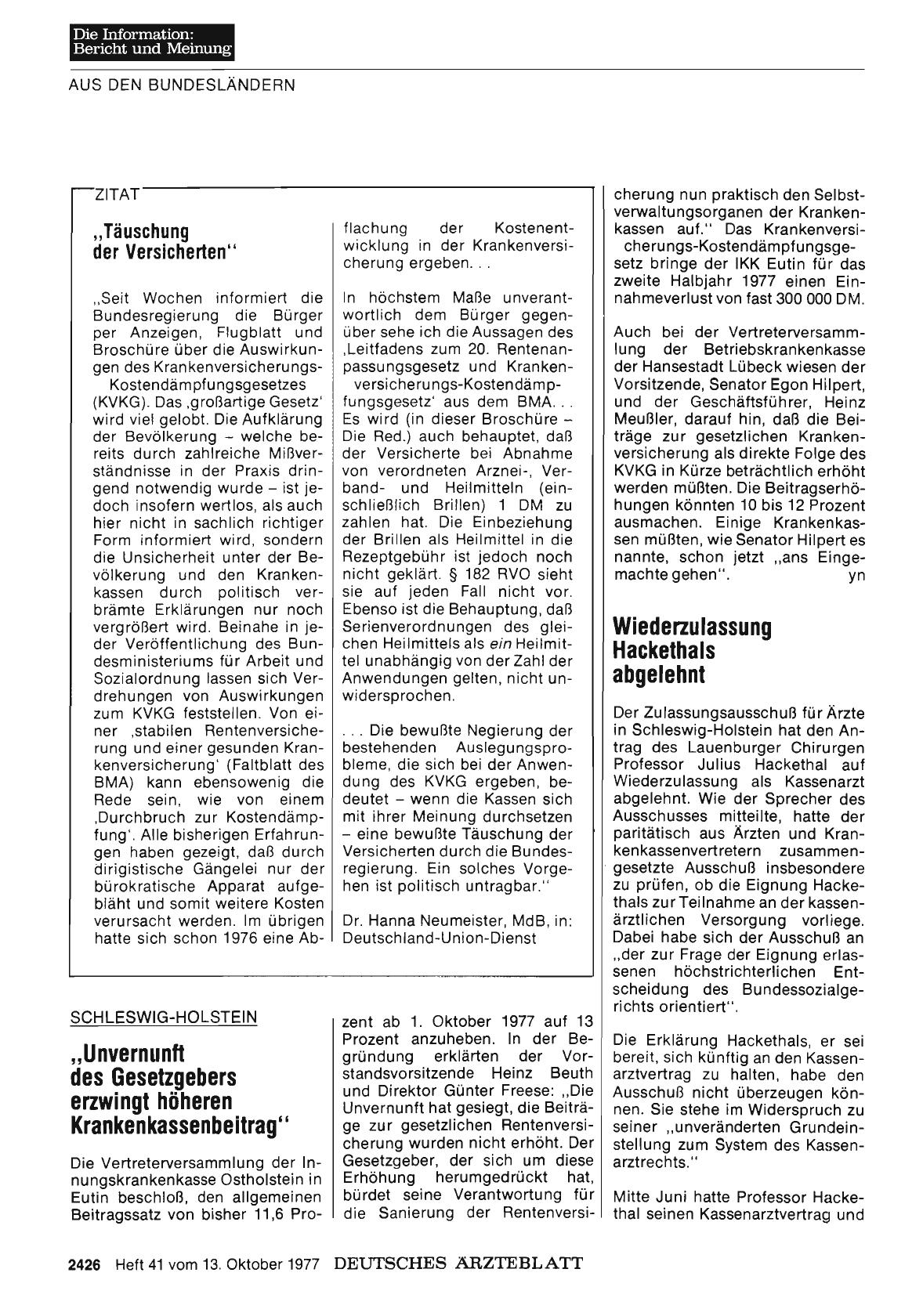 Vorschauseite 1: SCHLESWIG-HOLSTEIN: Wiederzulassung Hackethals abgelehnt