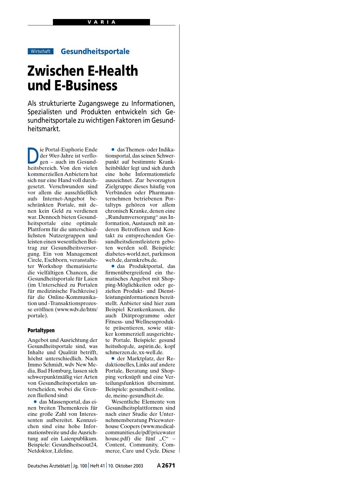 Vorschauseite 1: Gesundheitsportale: Zwischen E-Health und E-Business