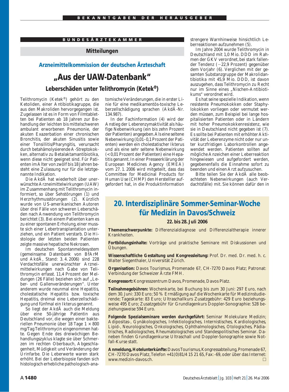 Vorschauseite 1: 20. Interdisziplinäre Sommer-Seminar-Woche für Medizin in Davos/Schweiz 22. bis 28. Juli 2006