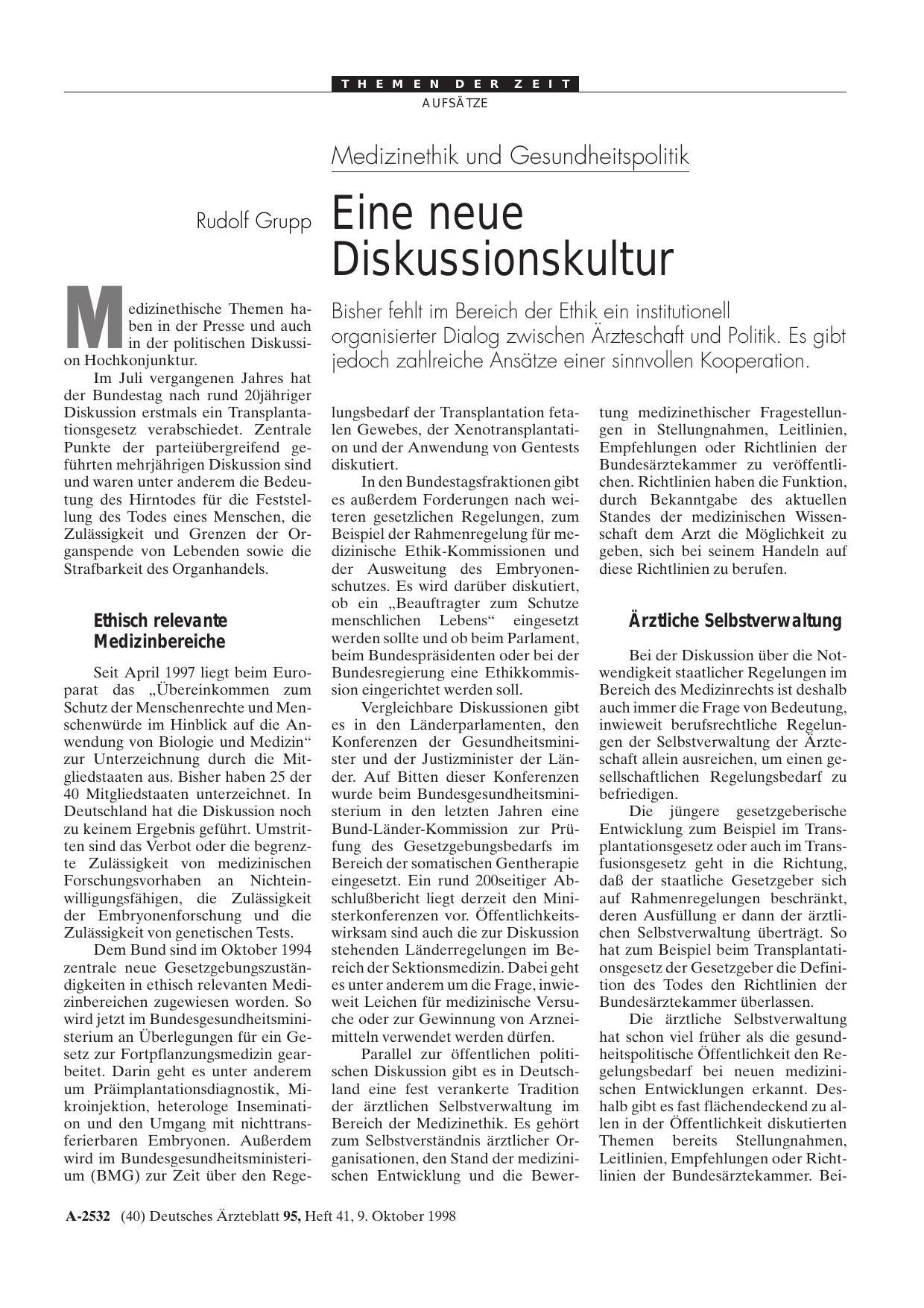 Vorschauseite 1: Medizinethik und Gesundheitspolitik: Eine neue Diskussionskultur
