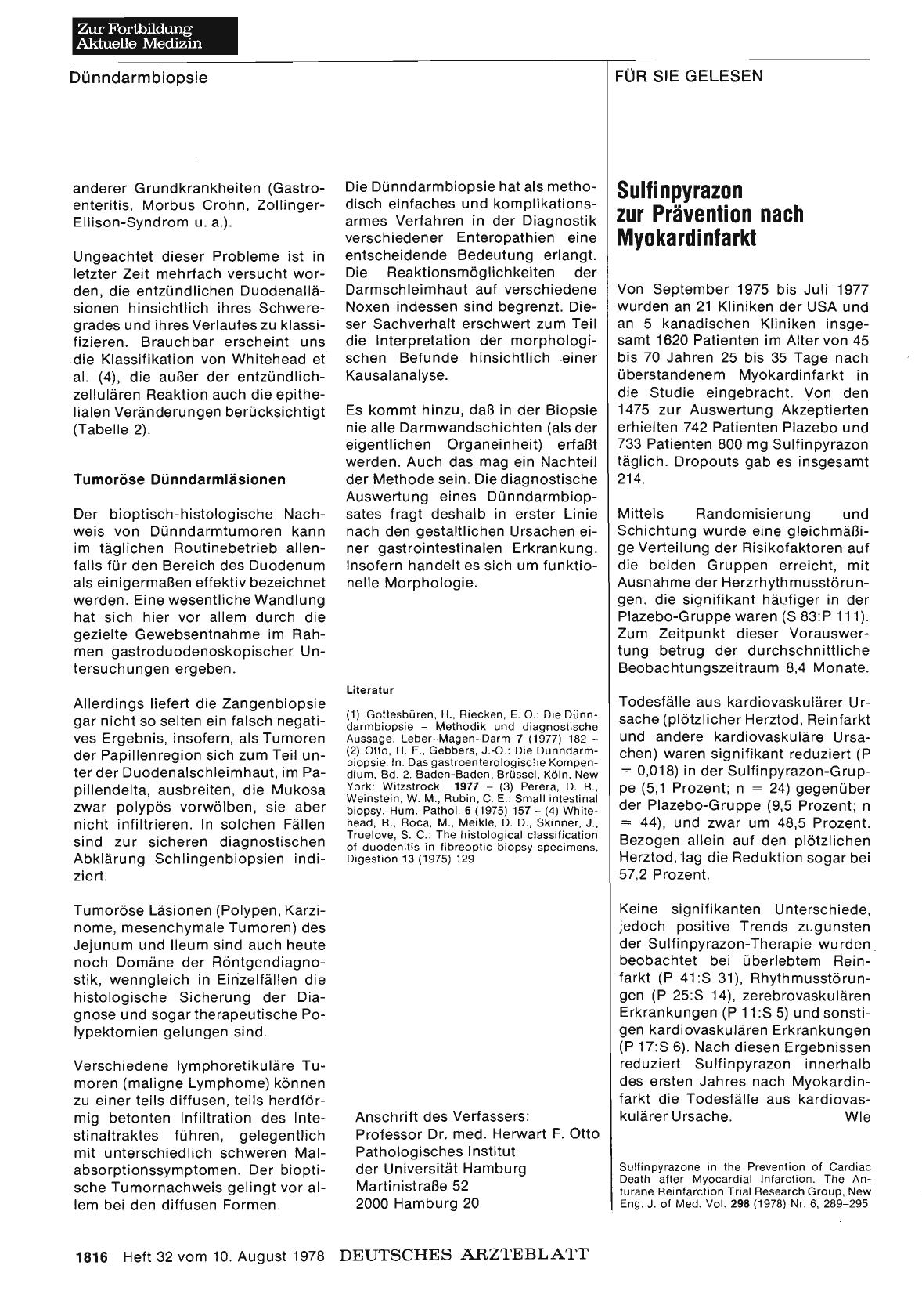 Vorschauseite 1: Sulfinpyrazon zur Prävention nach Myokardinfarkt