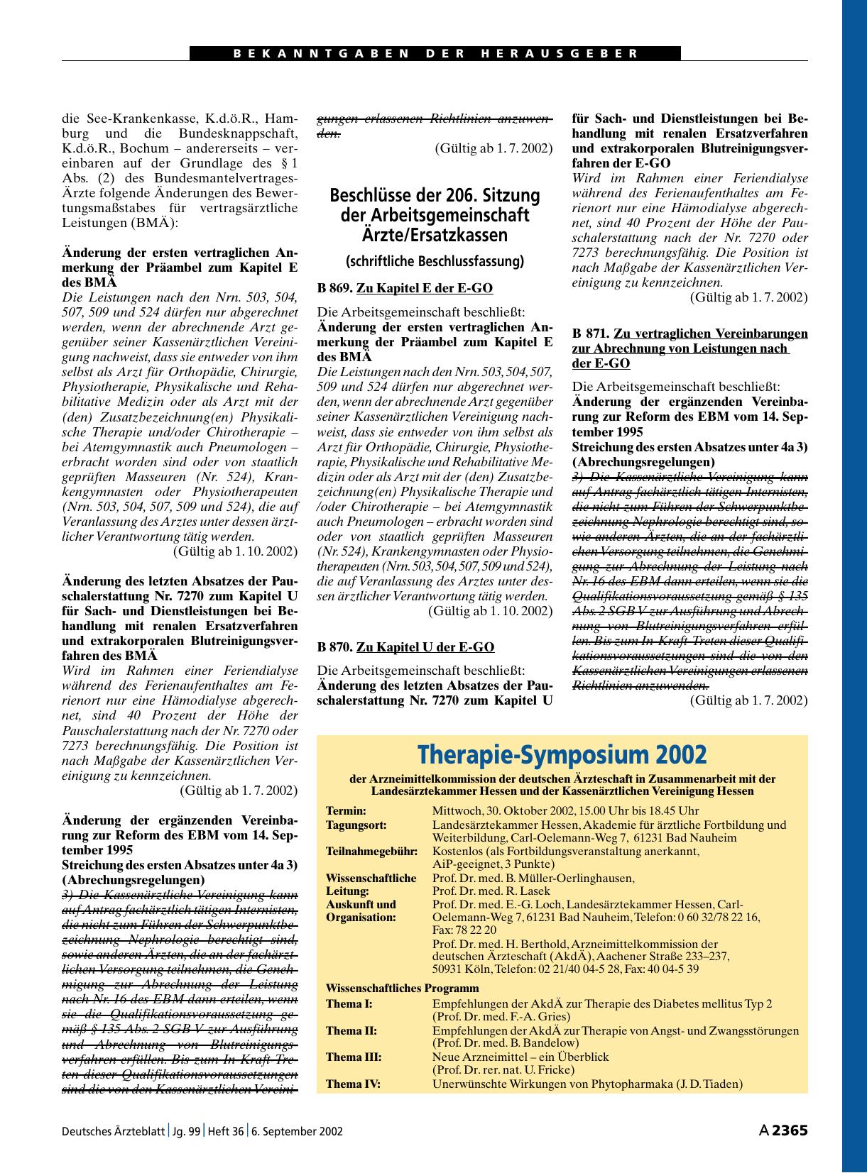 Vorschauseite 1: Beschlüsse der 206. Sitzung der Arbeitsgemeinschaft Ärzte/Ersatzkassen (schriftliche Beschlussfassung) B 869. Zu Kapitel E der E-GO