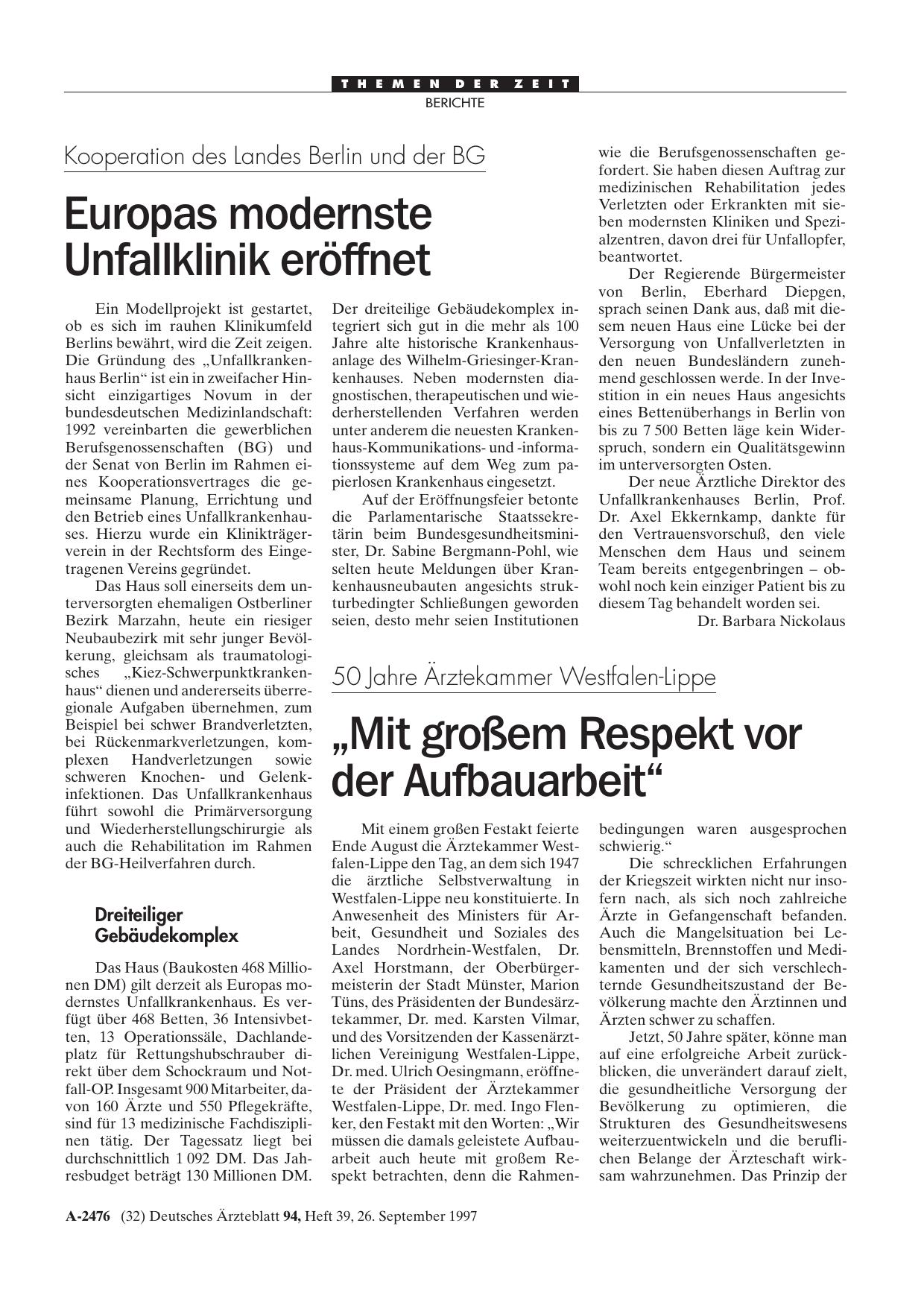 Vorschauseite 1: Kooperation des Landes Berlin und der BG: Europas modernste Unfallklinik eröffnet