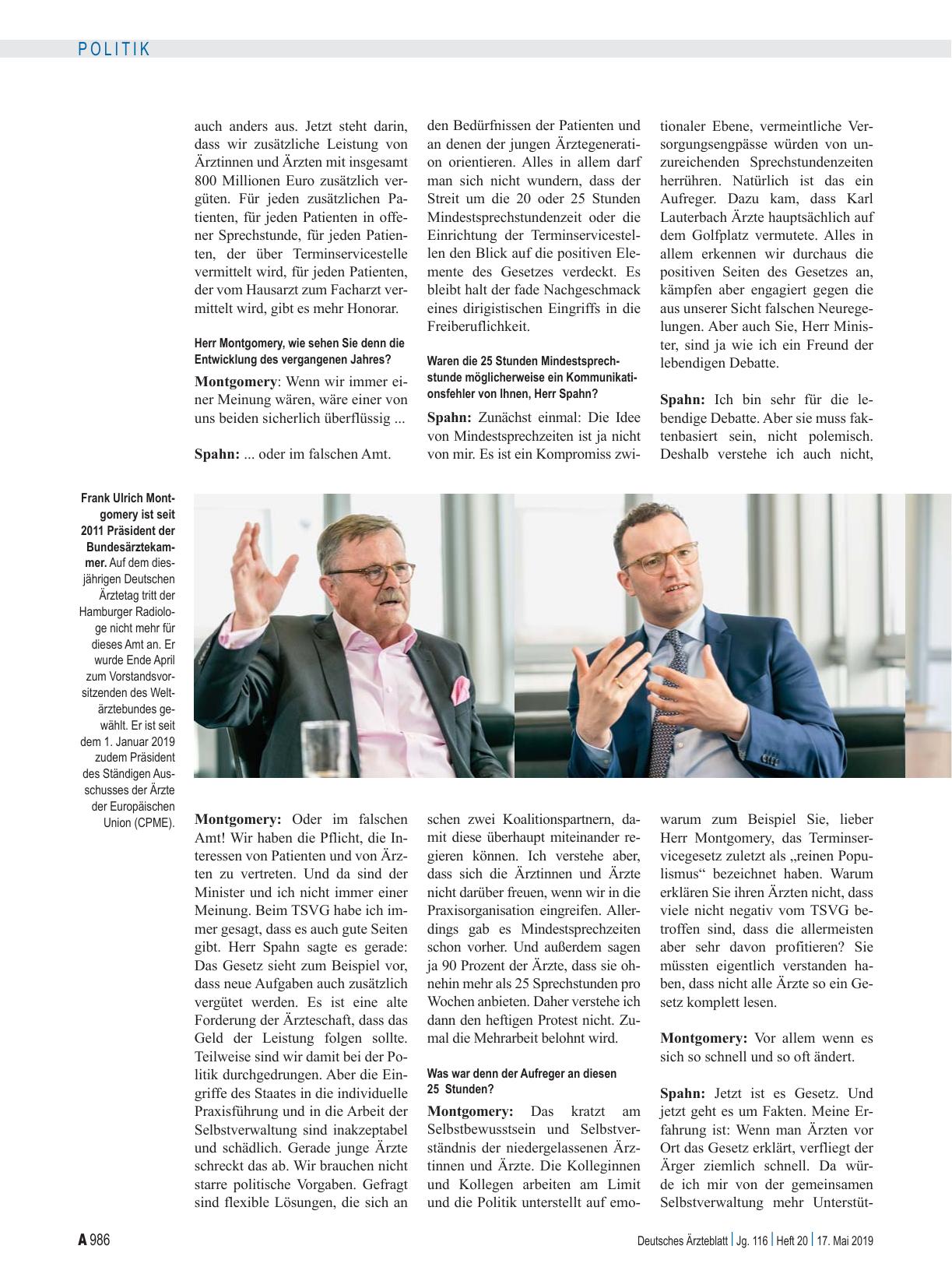 Vorschauseite 2: Interview mit Bundesgesundheitsminister Jens Spahn (CDU) und Bundesärztekammerpräsident Frank Ulrich Montgomery: Immer der gleichen Meinung? Dann wäre einer im falschen Amt