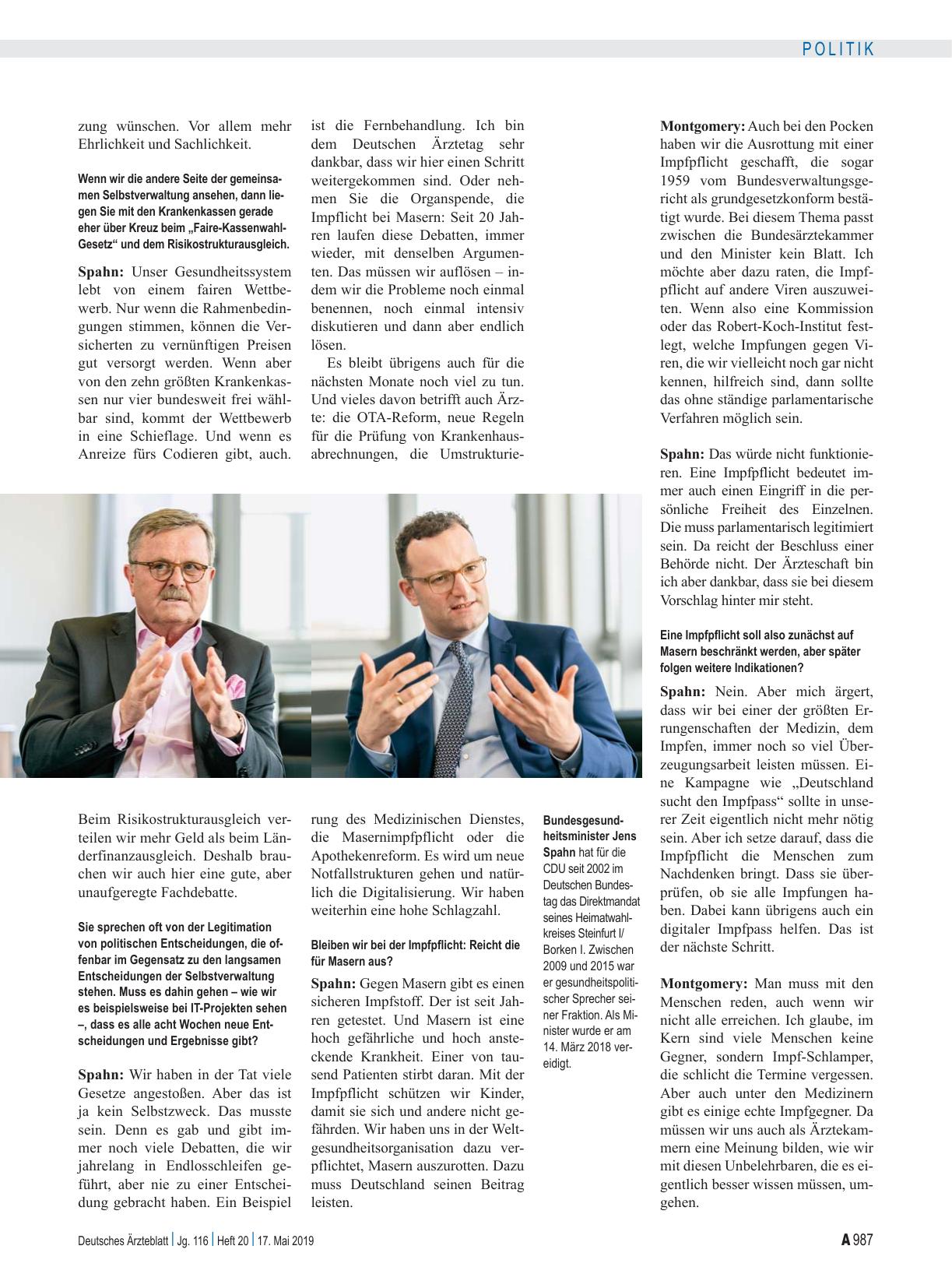 Vorschauseite 3: Interview mit Bundesgesundheitsminister Jens Spahn (CDU) und Bundesärztekammerpräsident Frank Ulrich Montgomery: Immer der gleichen Meinung? Dann wäre einer im falschen Amt
