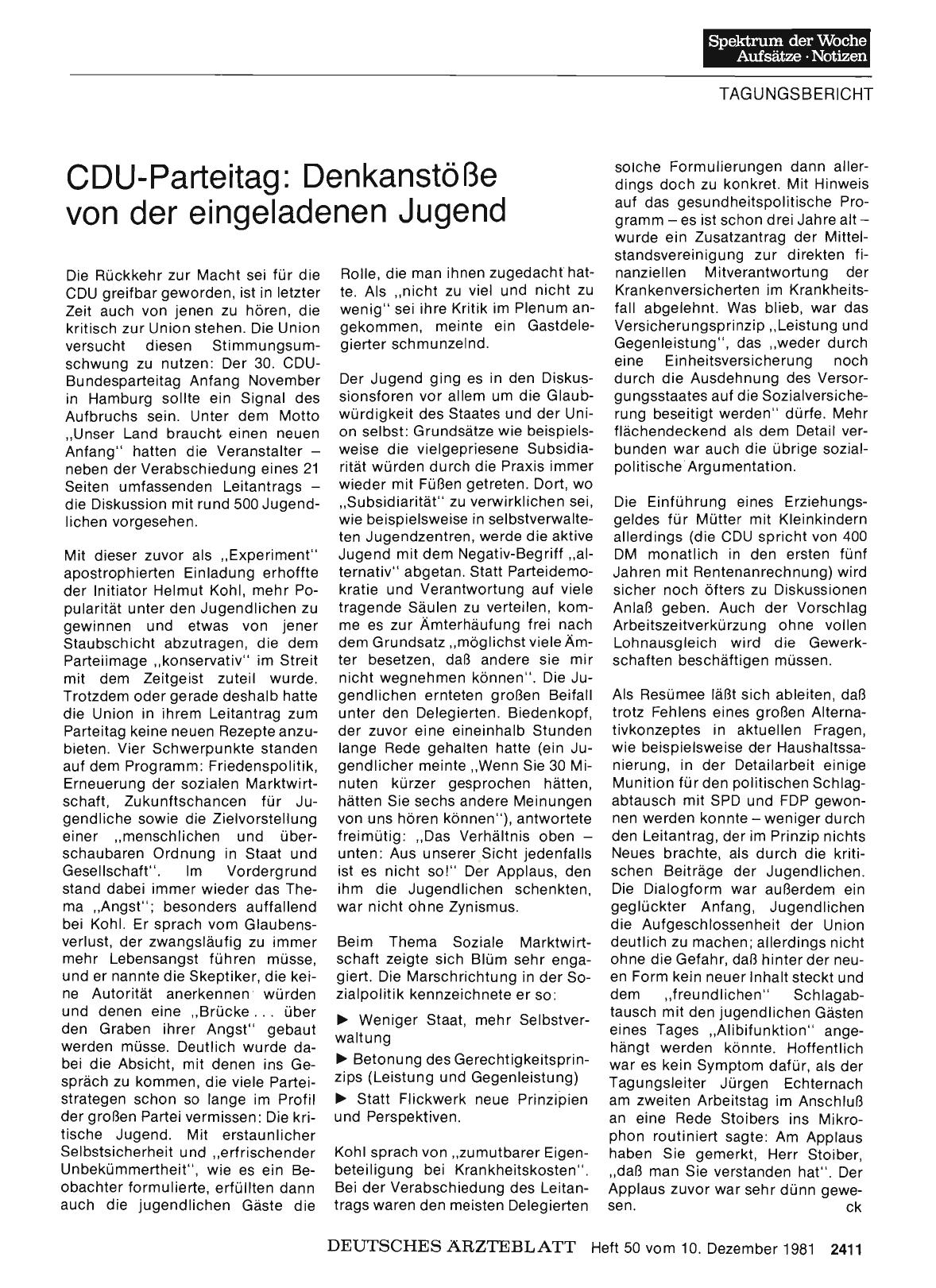 Vorschauseite 1: CDU-Parteitag: Denkanstöße von der eingeladenen Jugend