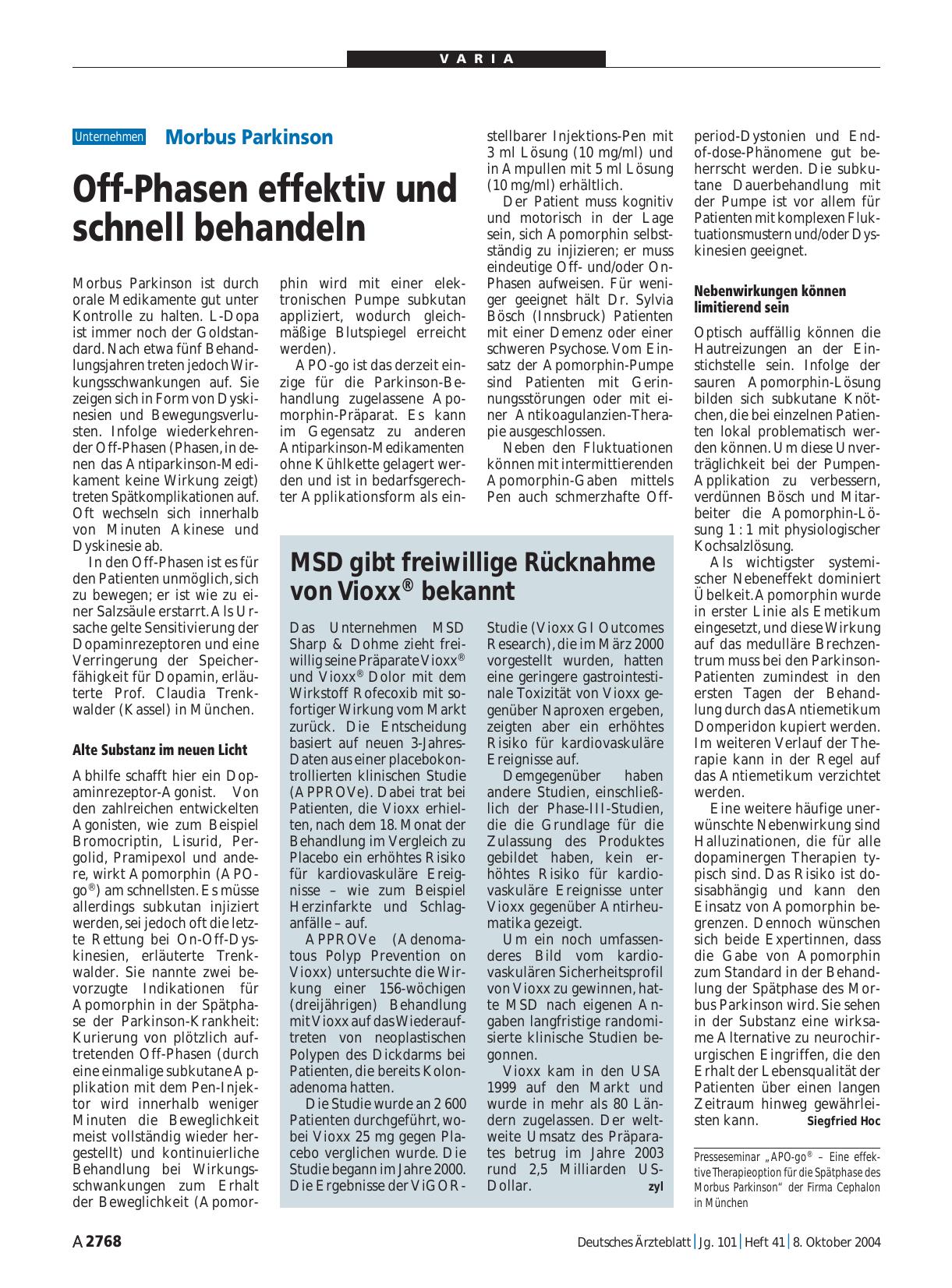 Vorschauseite 1: MSD gibt freiwillige Rücknahme von Vioxx® bekannt