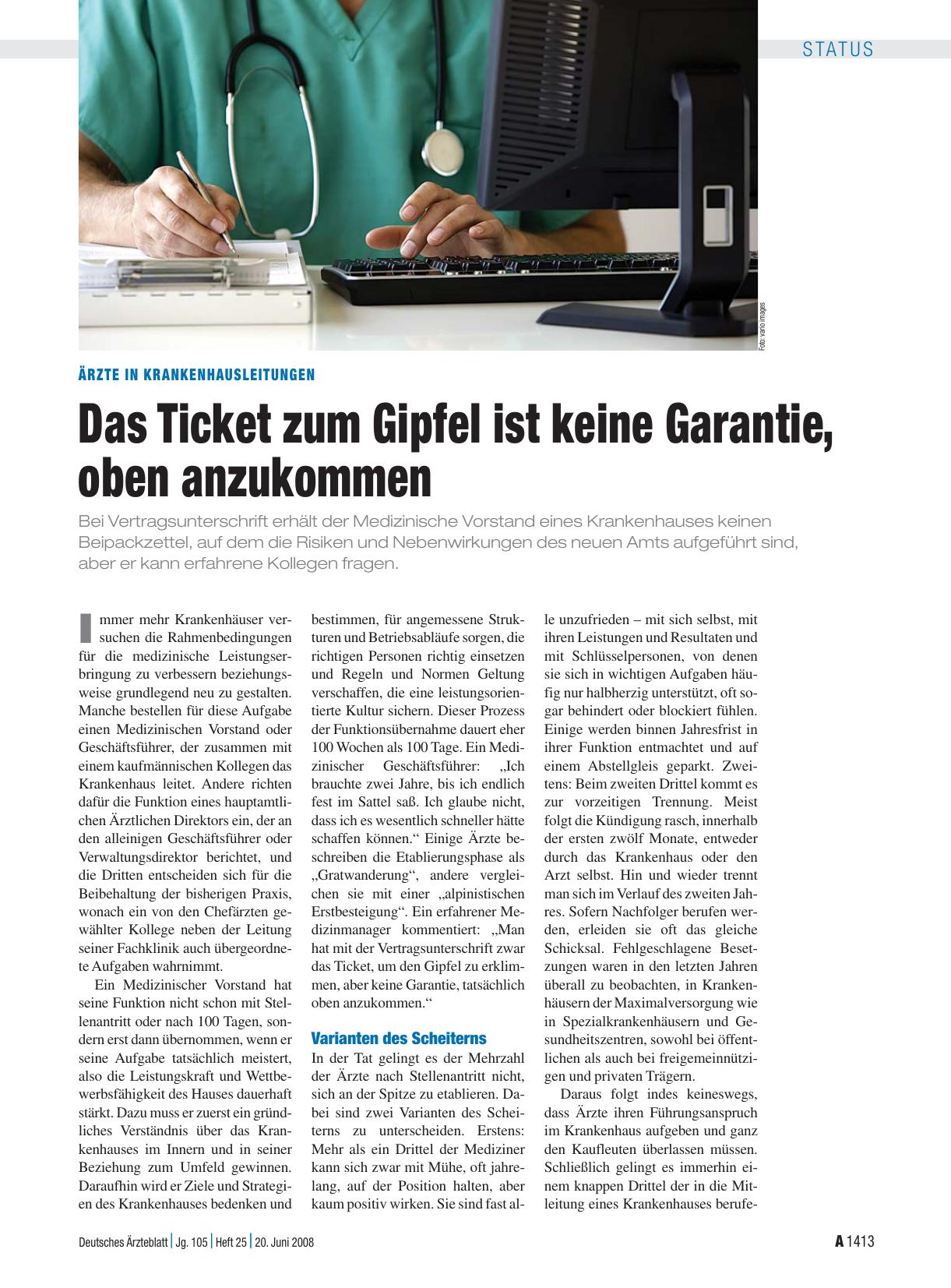 Vorschauseite 1: Ärzte in Krankenhausleitungen: Das Ticket zum Gipfel ist keine Garantie, oben anzukommen