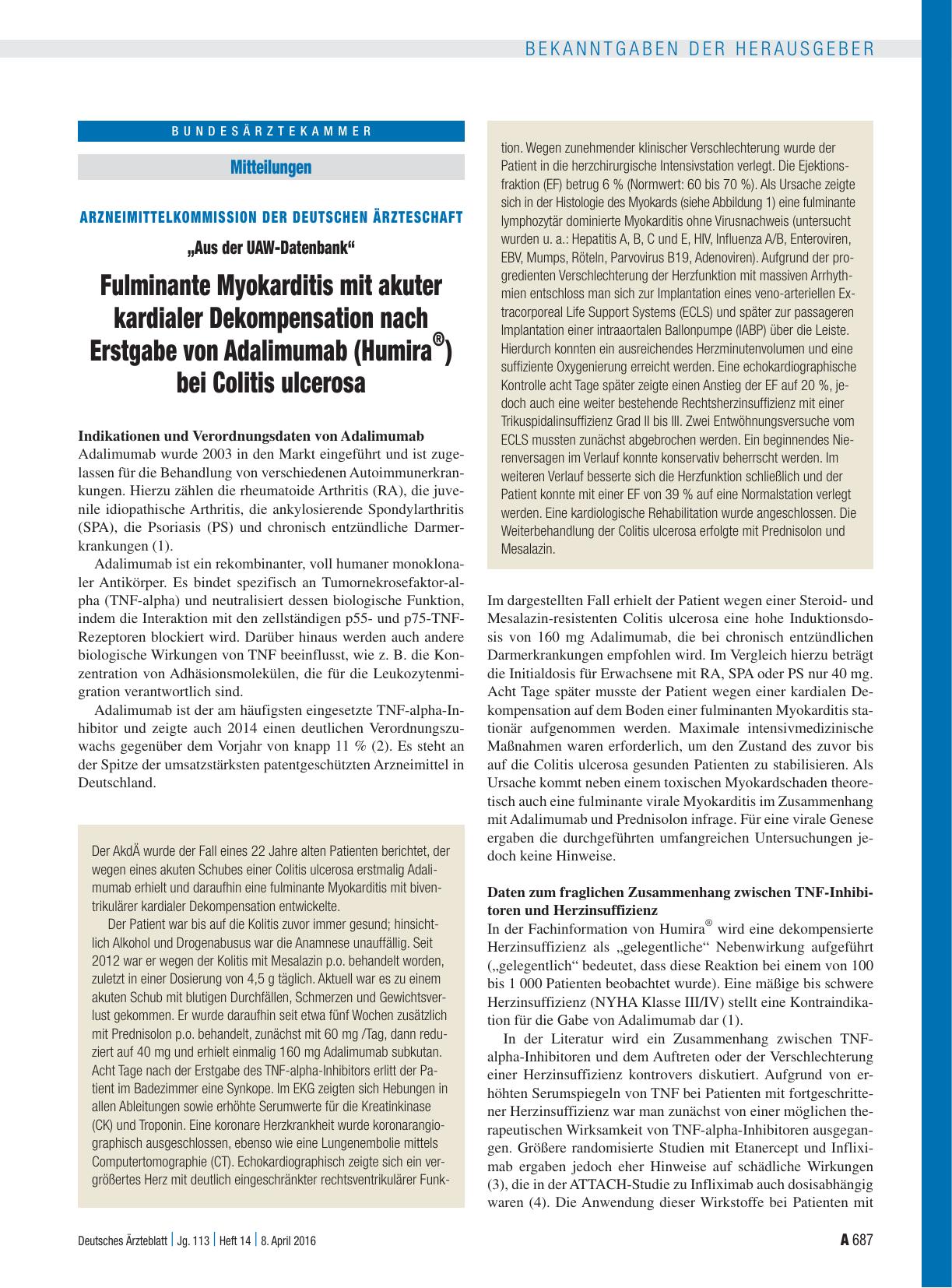 Vorschauseite 1: Arzneimittelkommission der Deutschen Ärzteschaft: „Aus der UAW-Datenbank“ Fulminante Myokarditis mit akuter kardialer Dekompensation nach Erstgabe von Adalimumab (Humira ® ) bei C…