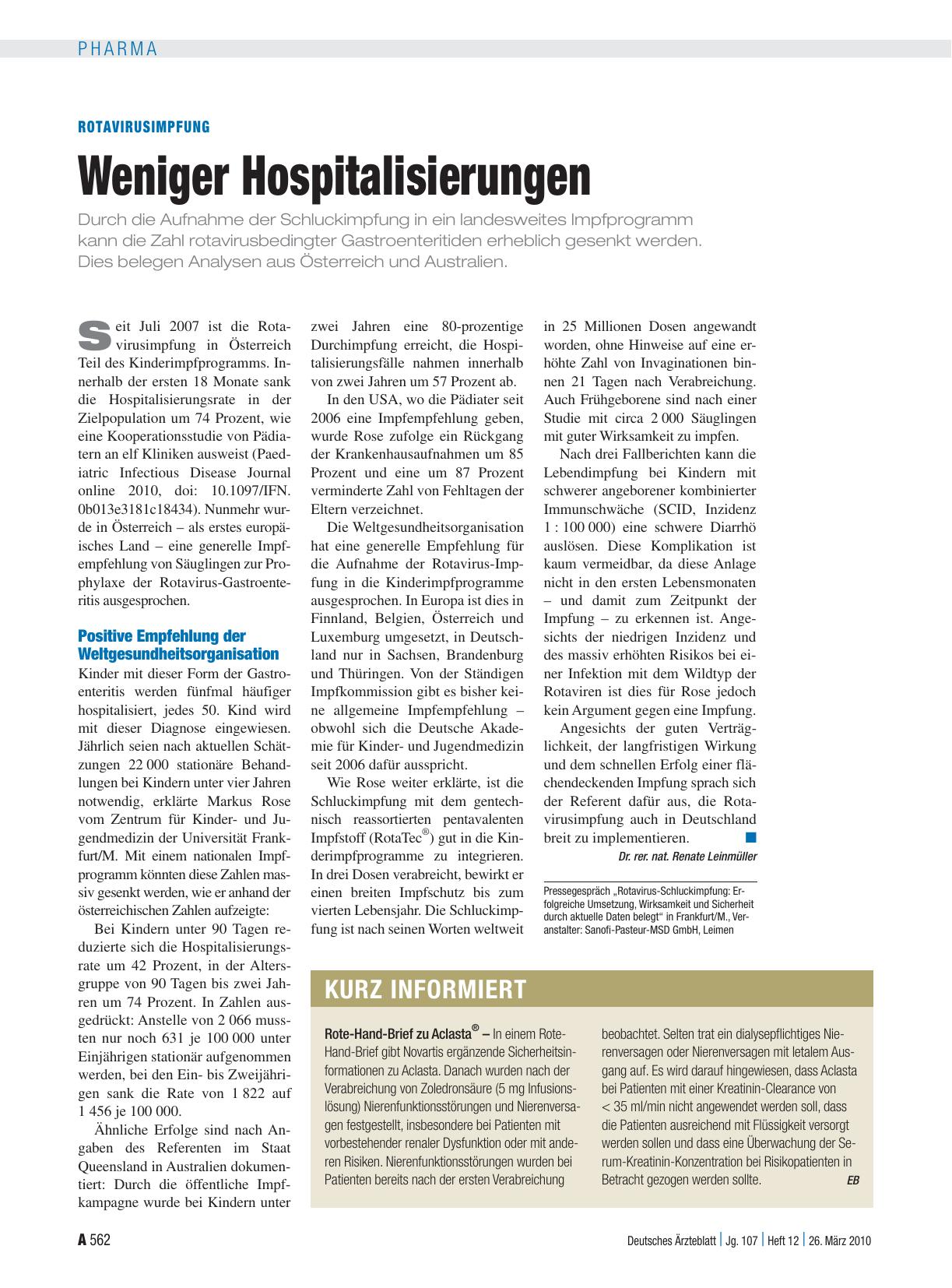 Vorschauseite 1: Rotavirusimpfung: Weniger Hospitalisierungen
