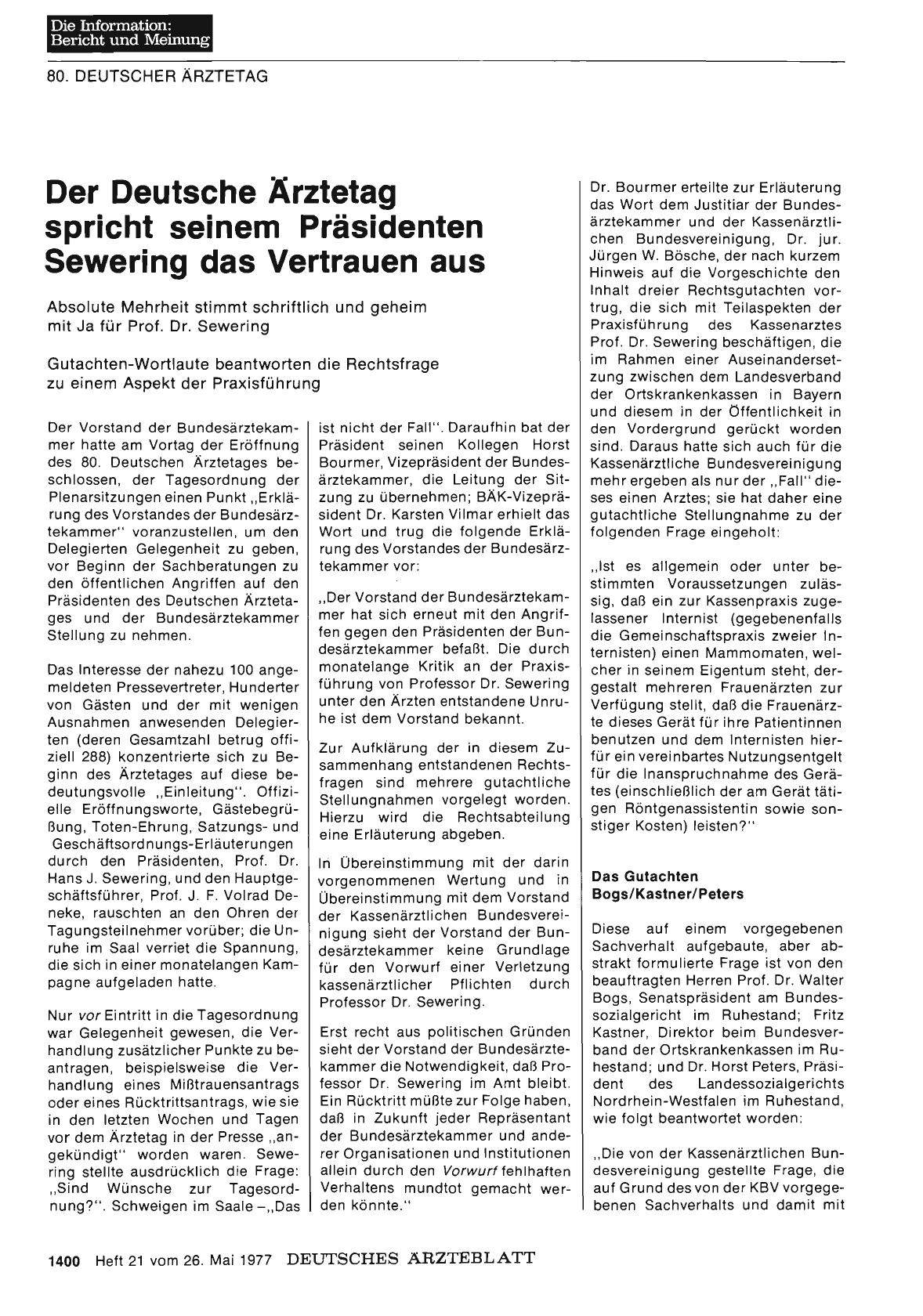Vorschauseite 1: Der Deutsche Ärztetag spricht seinem Präsidenten Sewering das Vertrauen aus:
