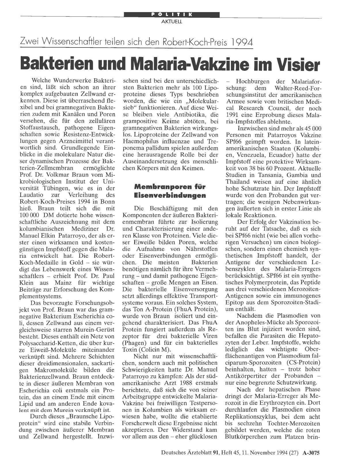 Vorschauseite 1: Zwei Wissenschaftler teilen sich den Robert-Koch-Preis 1994: Bakterien und Malaria-Vakzine im Visier