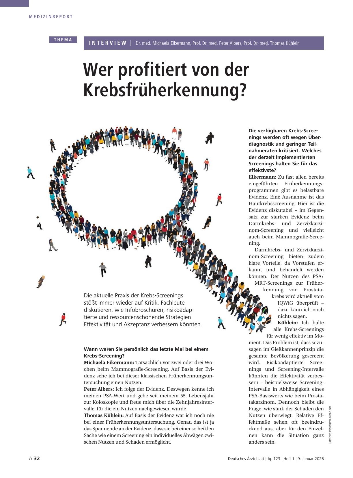 Vorschauseite 1: Interview mit Dr. med. Michaela Eikermann, Prof. Dr. med. Peter Albers, Prof. Dr. med. Thomas Kühlein: Wer profitiert von der Krebsfrüherkennung?