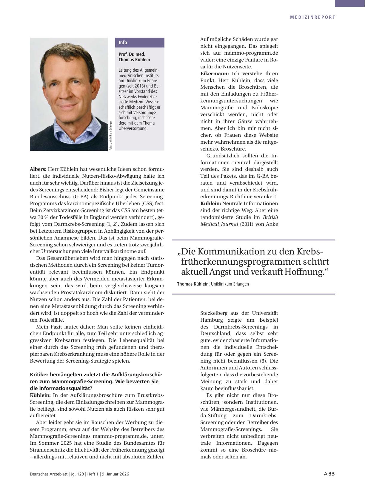 Vorschauseite 2: Interview mit Dr. med. Michaela Eikermann, Prof. Dr. med. Peter Albers, Prof. Dr. med. Thomas Kühlein: Wer profitiert von der Krebsfrüherkennung?