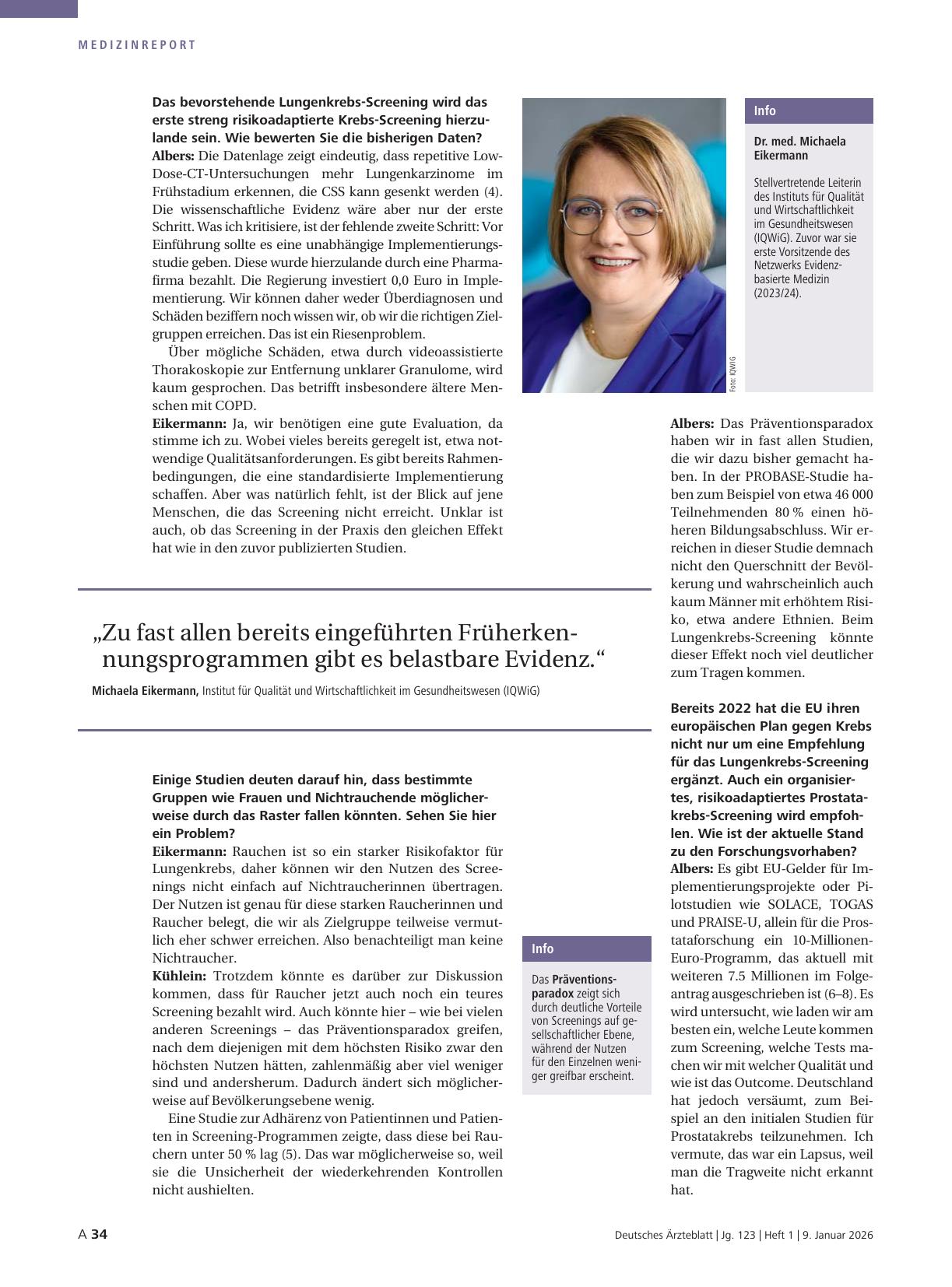 Vorschauseite 3: Interview mit Dr. med. Michaela Eikermann, Prof. Dr. med. Peter Albers, Prof. Dr. med. Thomas Kühlein: Wer profitiert von der Krebsfrüherkennung?