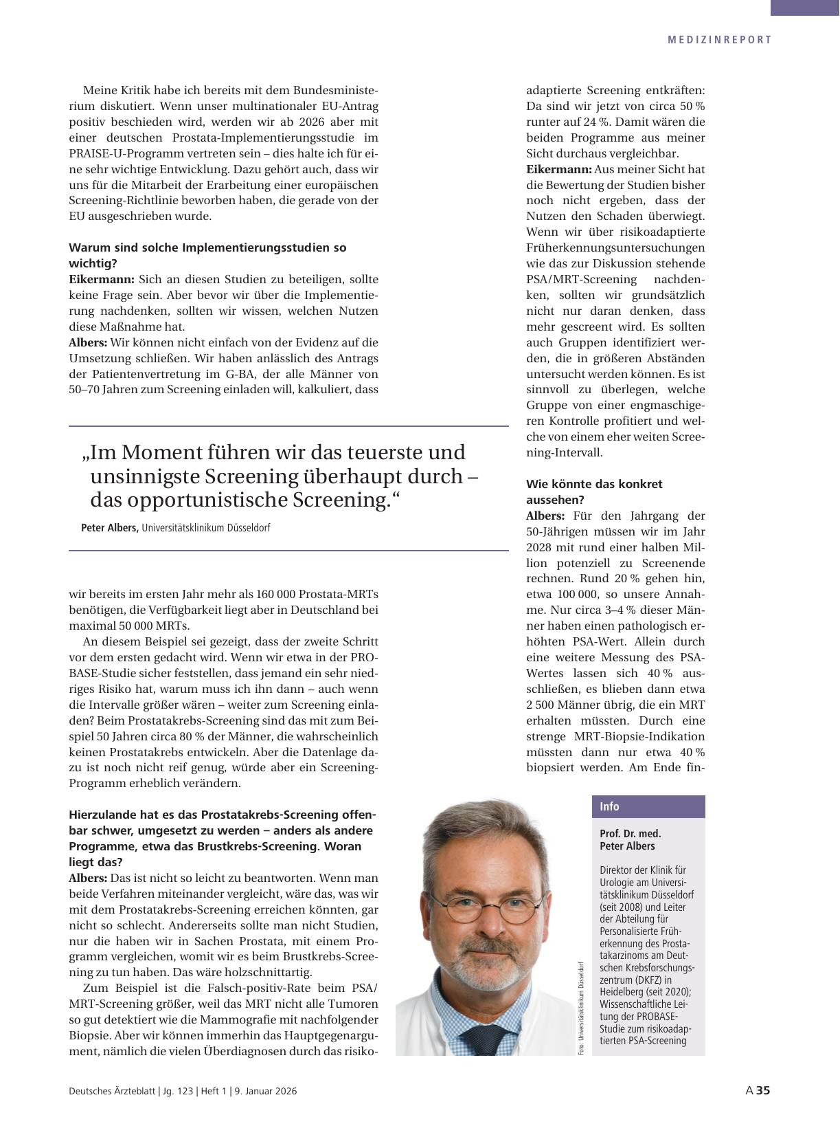 Vorschauseite 4: Interview mit Dr. med. Michaela Eikermann, Prof. Dr. med. Peter Albers, Prof. Dr. med. Thomas Kühlein: Wer profitiert von der Krebsfrüherkennung?