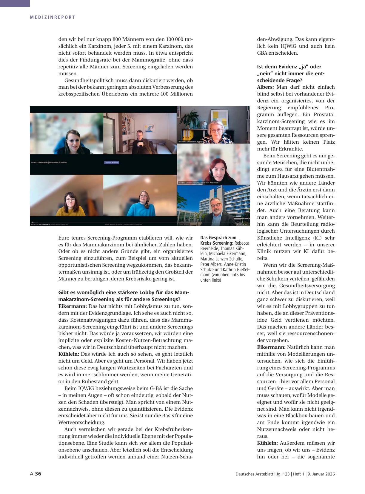 Vorschauseite 5: Interview mit Dr. med. Michaela Eikermann, Prof. Dr. med. Peter Albers, Prof. Dr. med. Thomas Kühlein: Wer profitiert von der Krebsfrüherkennung?