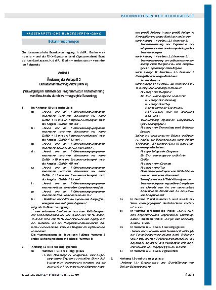 Vorschauseite 1: Änderung der Anlage 9. 2 Bundesmantelvertrag-Ärzte (BMV-Ä) (Versorgung im Rahmen des Programms zur Früherkennung von Brustkrebs durch Mammographie-Screening)