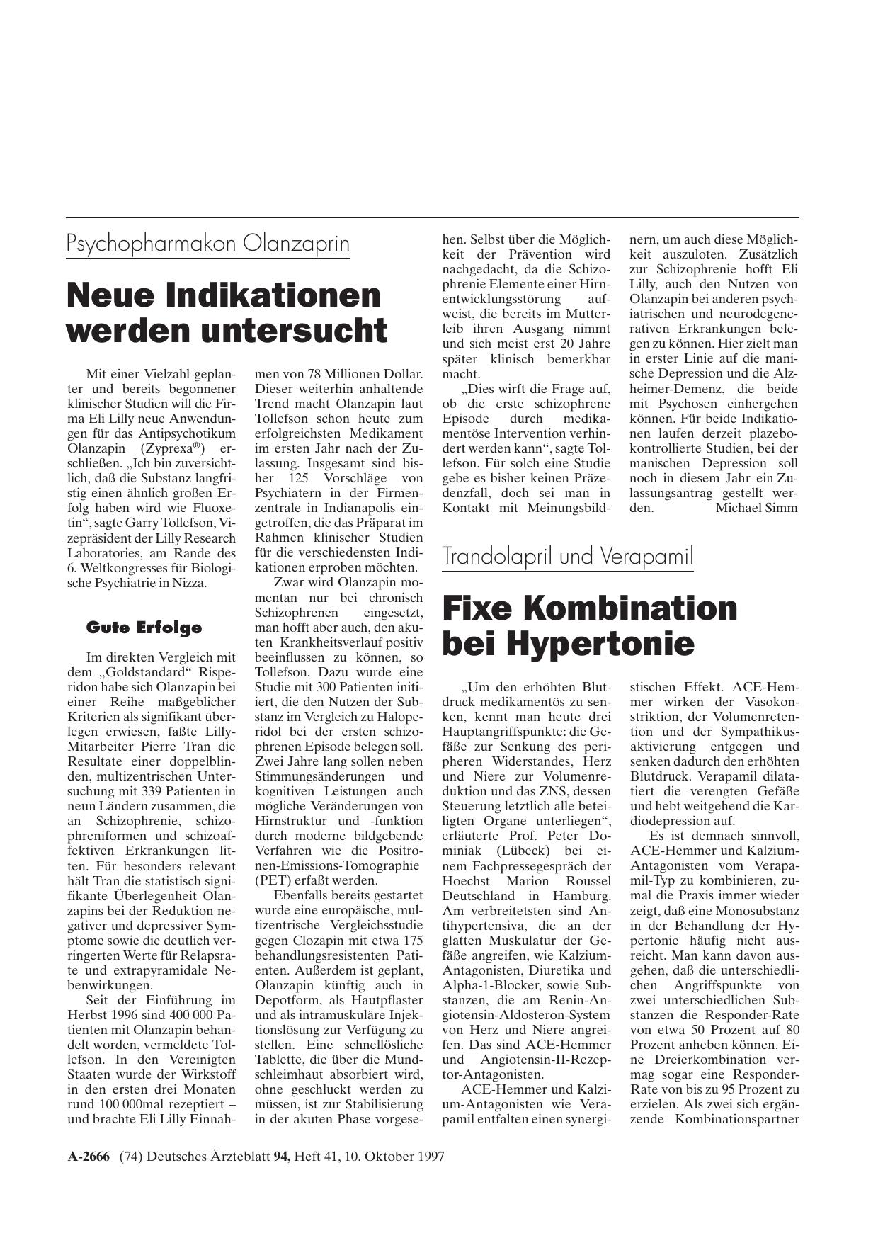 Vorschauseite 1: Psychopharmakon Olanzaprin: Neue Indikationen werden untersucht