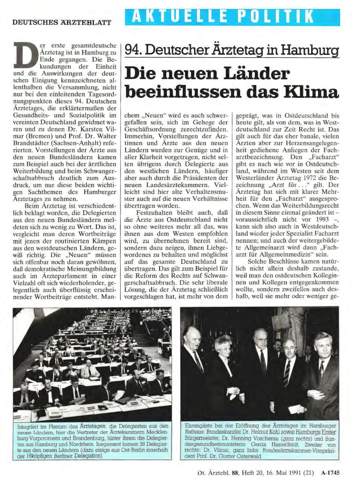 Vorschauseite 1: 94. Deutscher Ärztetag in Hamburg: Die neuen Länder beeinflussen das Klima