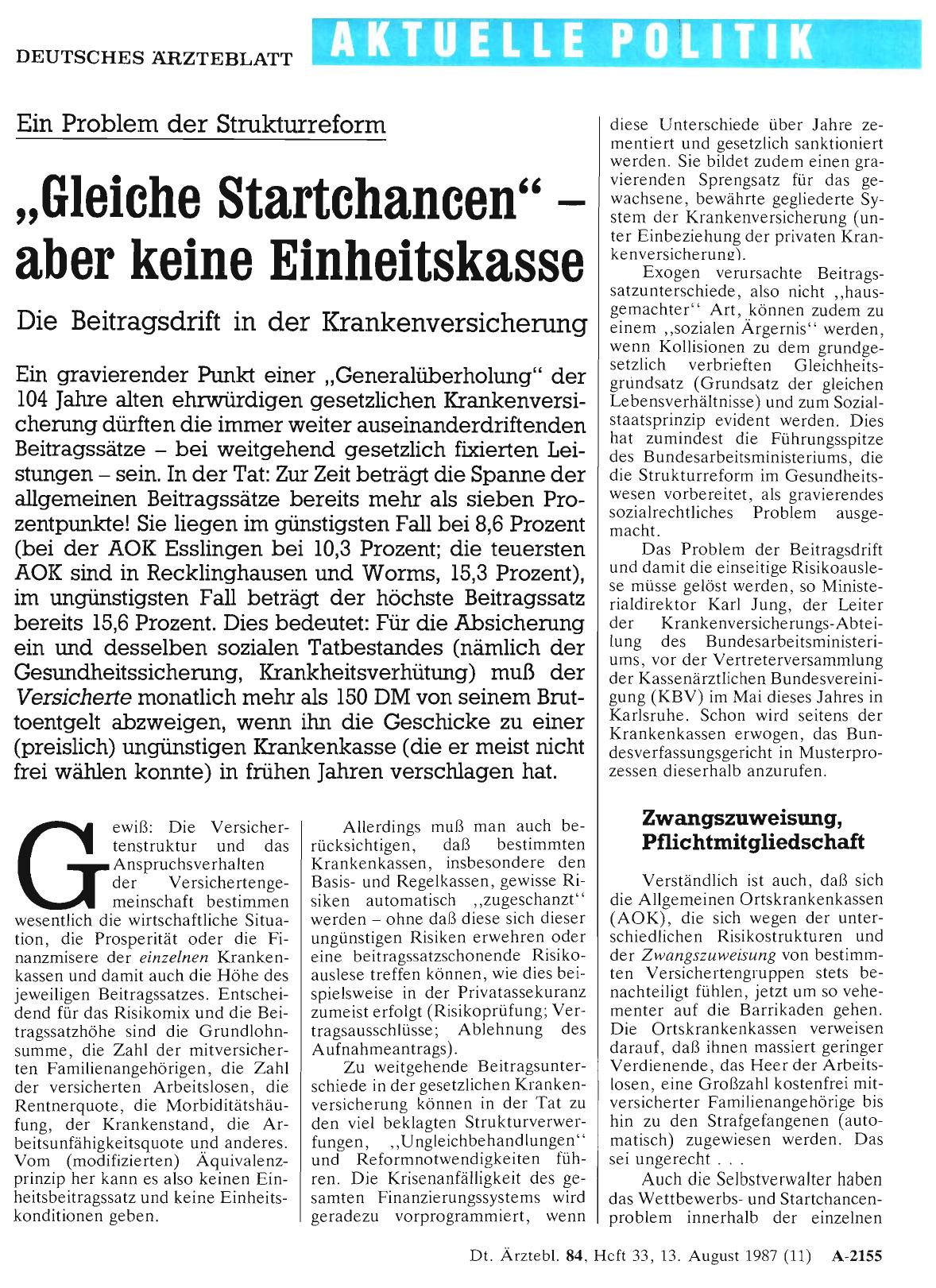 Vorschauseite 1: Ein Problem der Strukturreform: „Gleiche Startchancen“ - aber keine Einheitskasse