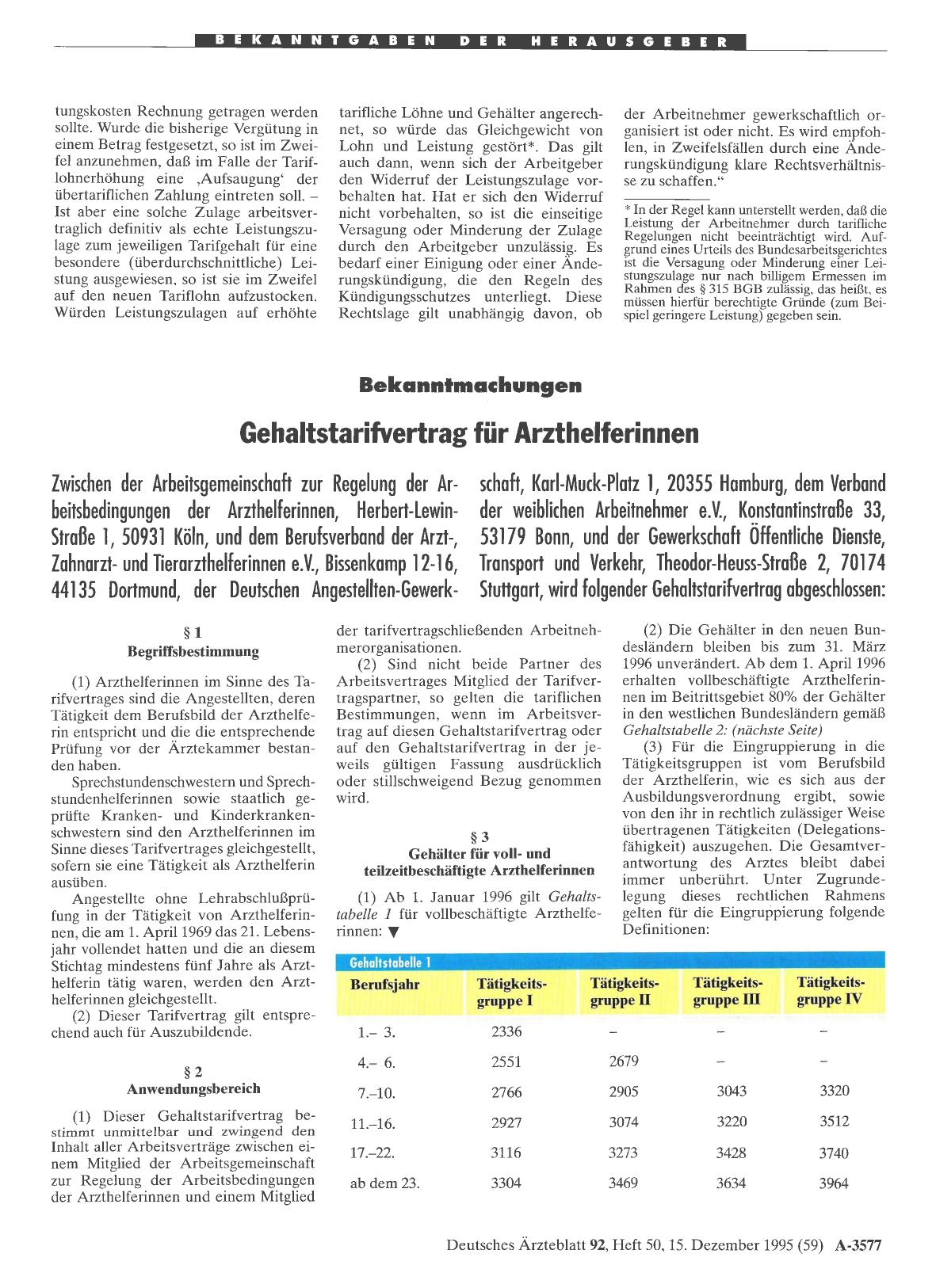 Vorschauseite 1: Bekanntmachungen: Gehaltstarifvertrag für Arzthelferinnen